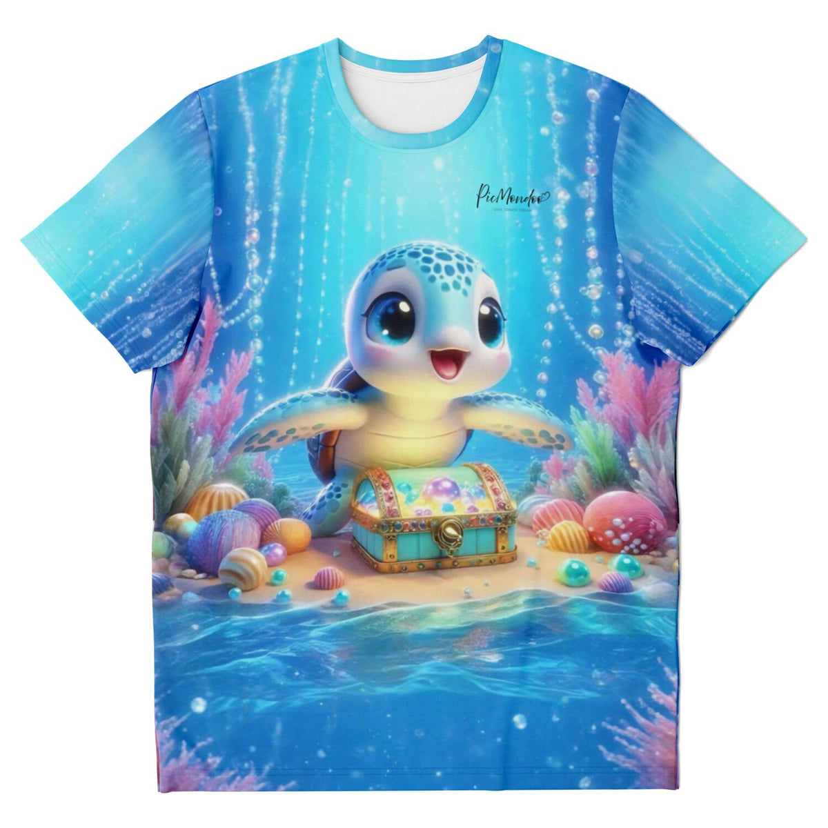 Blaues T-Shirt mit niedlicher Meeresschildkröte und Schatztruhe, im magischen Design für DIY- und Kunstliebhaber