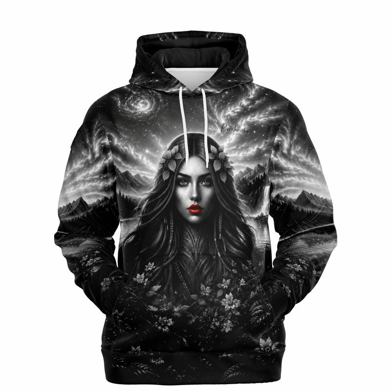 Dreamer Hoodie mit mystischem Frauenporträt, roten Lippen und galaktischem Natur-Print für Fans kreativer Kunst