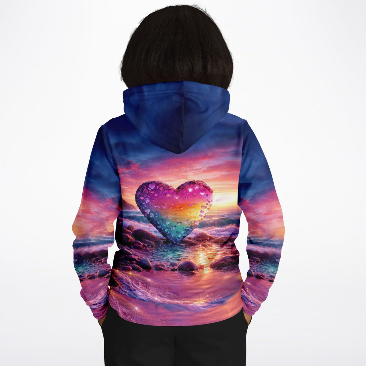 Hoodie mit buntem Herz-Motiv im Stil von Diamond Painting, leuchtender Sonnenuntergang am Meer, kunstvolles Kreativ-Design