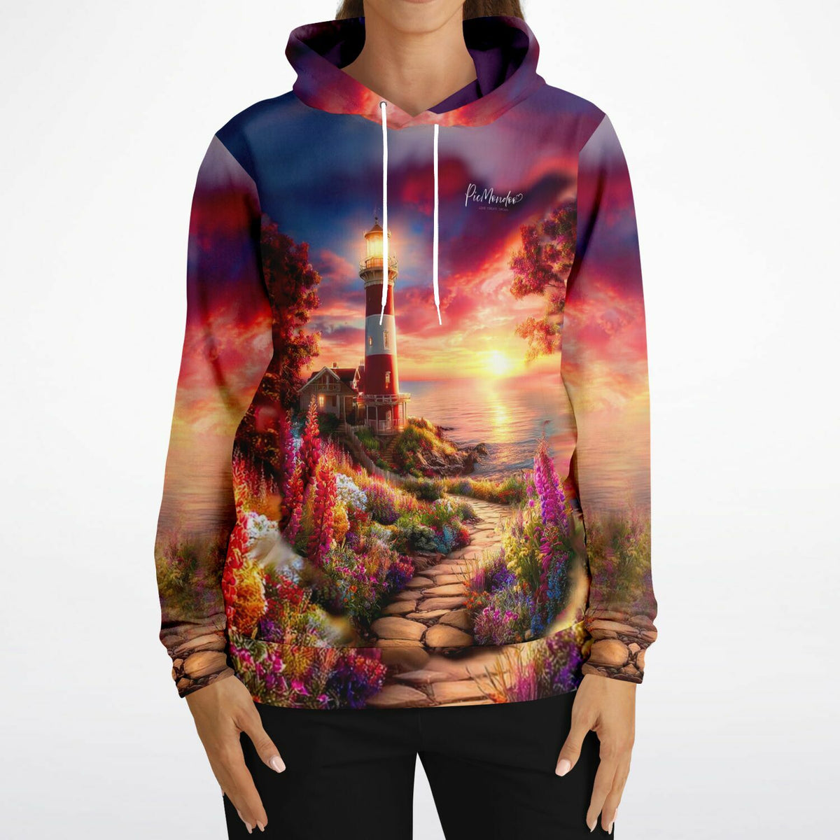 Dreamer Hoodie mit Leuchtturm-Motiv im Stil von Diamond Painting, bunter Blumenweg bei Sonnenuntergang