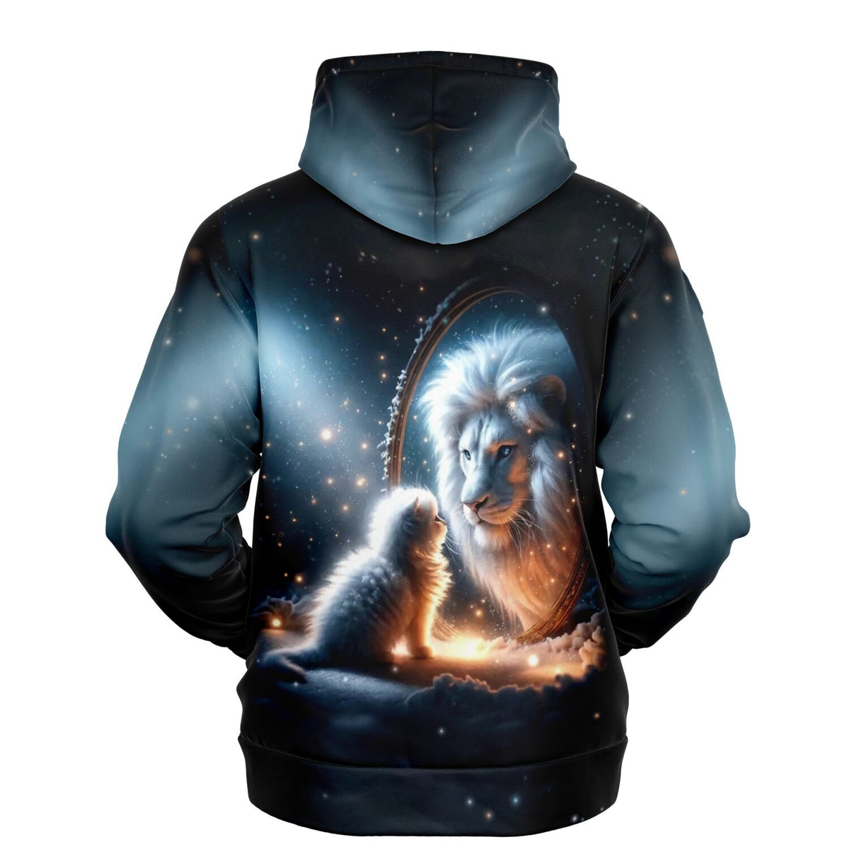 Dreamer Hoodie mit Löwen-Motiv: Ein kleines Kätzchen betrachtet sein Spiegelbild als stolzer Löwe, nächtlicher Sternenhimmel