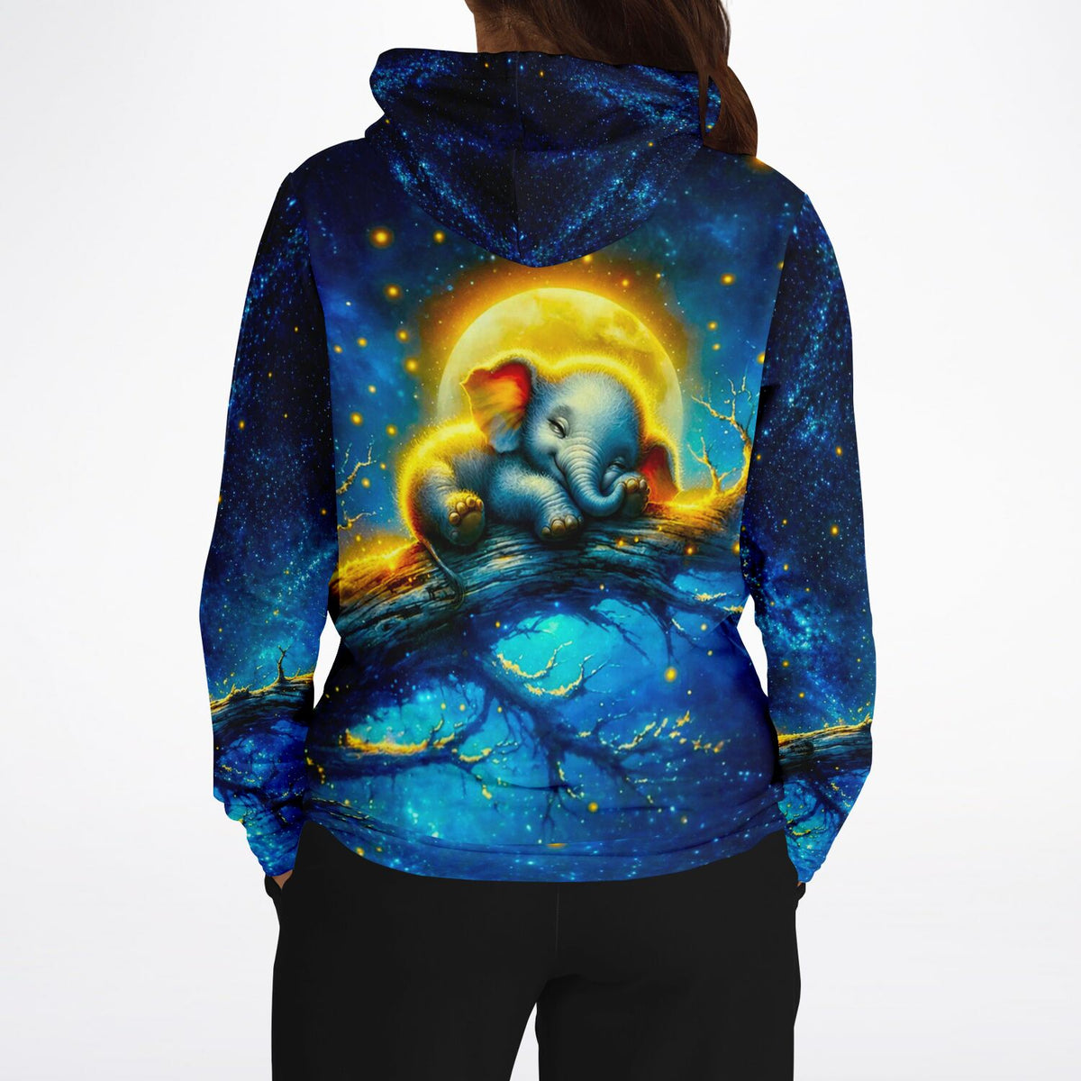 Dreamer Hoodie mit Mondschein Elefant Motiv, ästhetisches Design im Stil von Malen nach Zahlen und Diamond Painting Kunst