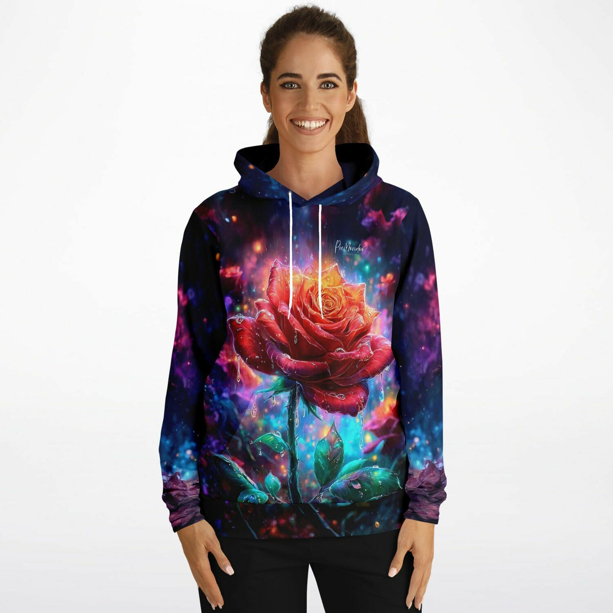 Dreamer Hoodie Regentanz Motiv mit leuchtend roter Rose im Regen, passend zum künstlerischen Stil von Diamond Painting Sets