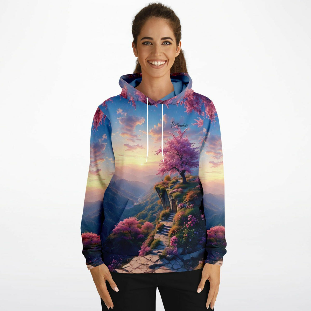 Hoodie mit kunstvollem Morgendämmerung-Motiv, blühendem Kirschbaum auf einer Klippe und farbenfrohem Sonnenaufgang-Print.