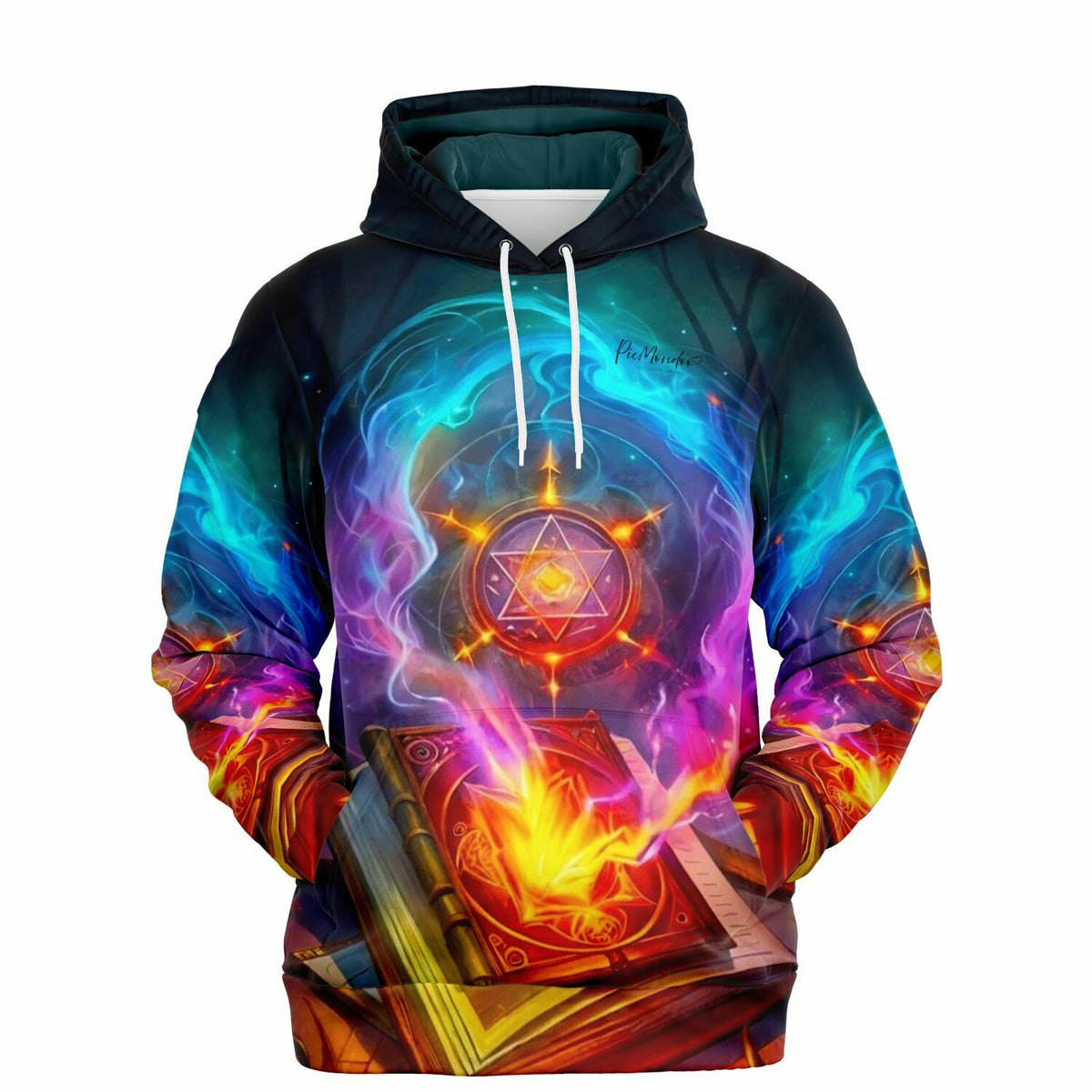 Dreamer Hoodie Hexenkünste mit magischem Zauberbuch, Sternen-Symbol und leuchtenden Flammen in blau-violettem Design