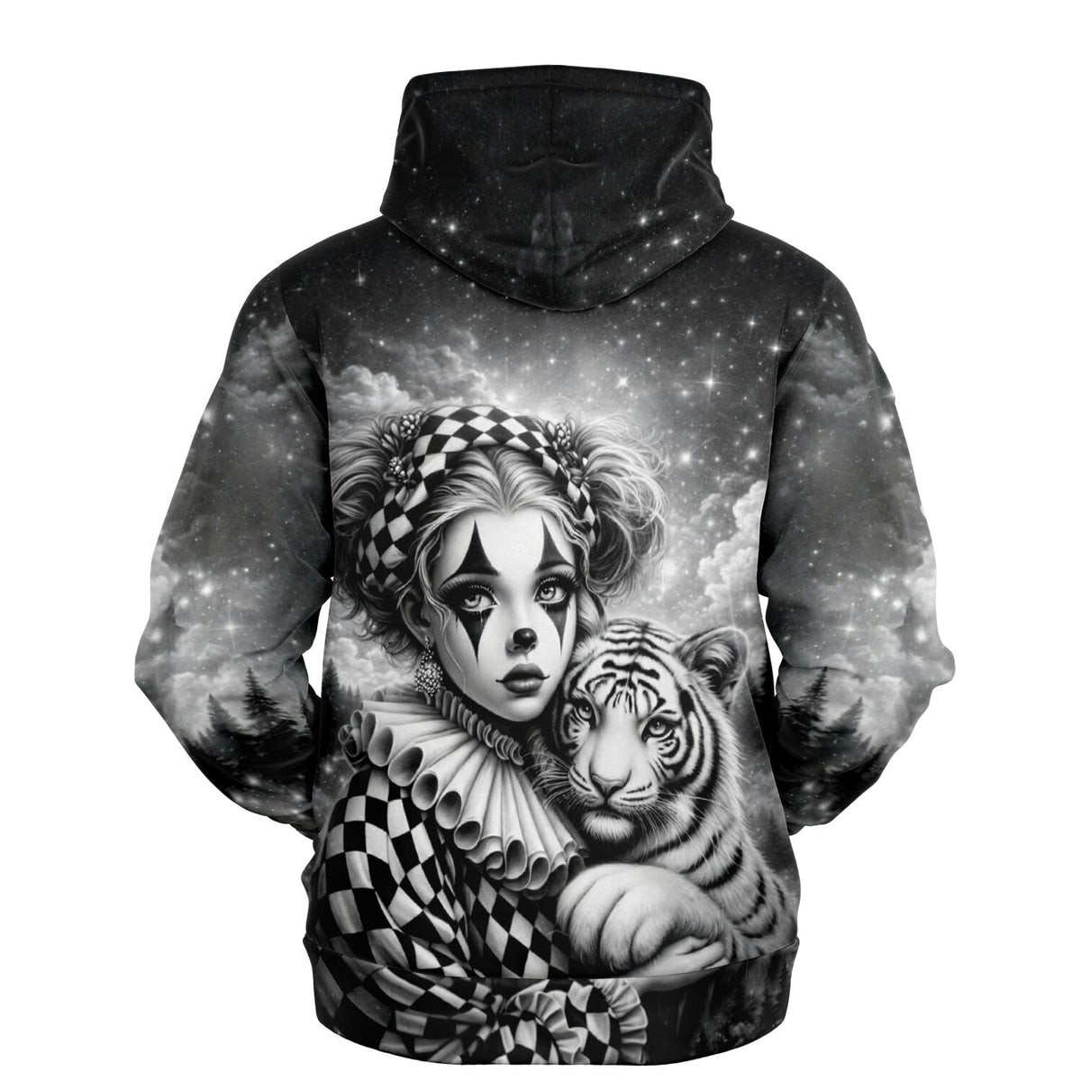 Dreamer Hoodie mit Maskerade Motiv: schwarz-weißes Diamond Painting Design von Harlekin-Mädchen und Tiger im Sternenhimmel
