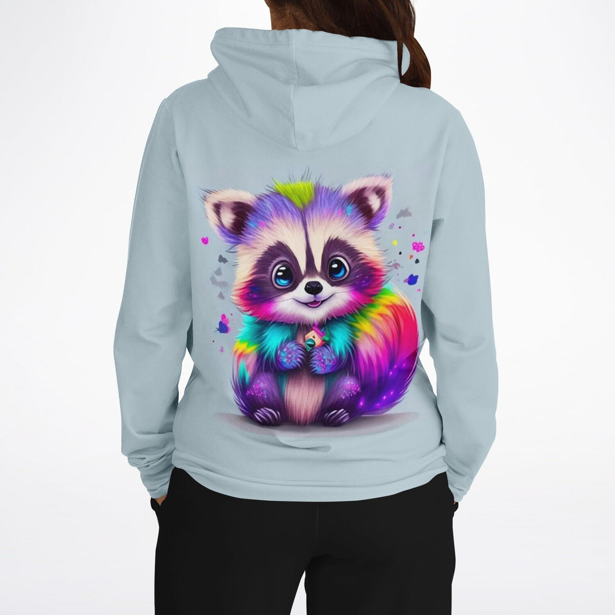 Hellblauer Hoodie mit buntem Waschbär-Motiv im Stil von Malen nach Zahlen und Diamond Painting Vorlagen für Erwachsene