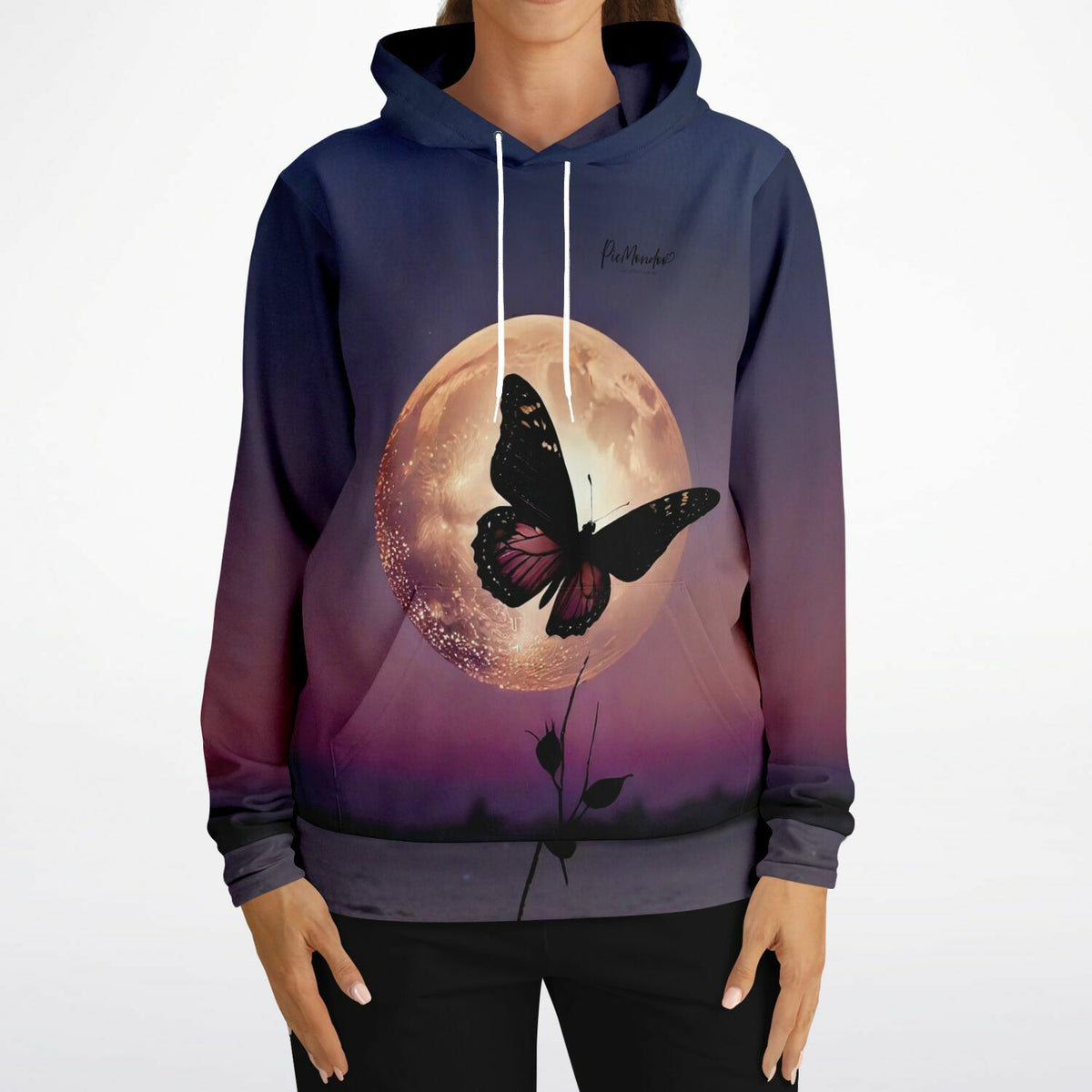 Dreamer Hoodie Nightfly mit Schmetterlings-Motiv vor Vollmond, passend zum künstlerischen Stil von Malen nach Zahlen