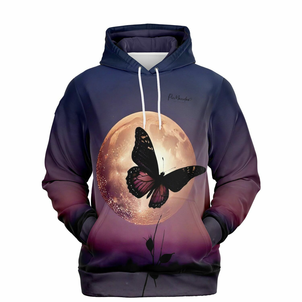 Dreamer Hoodie Nightfly mit Schmetterlings-Motiv vor Mondschein, ergänzend zu unseren Diamond Painting Kunstwerken