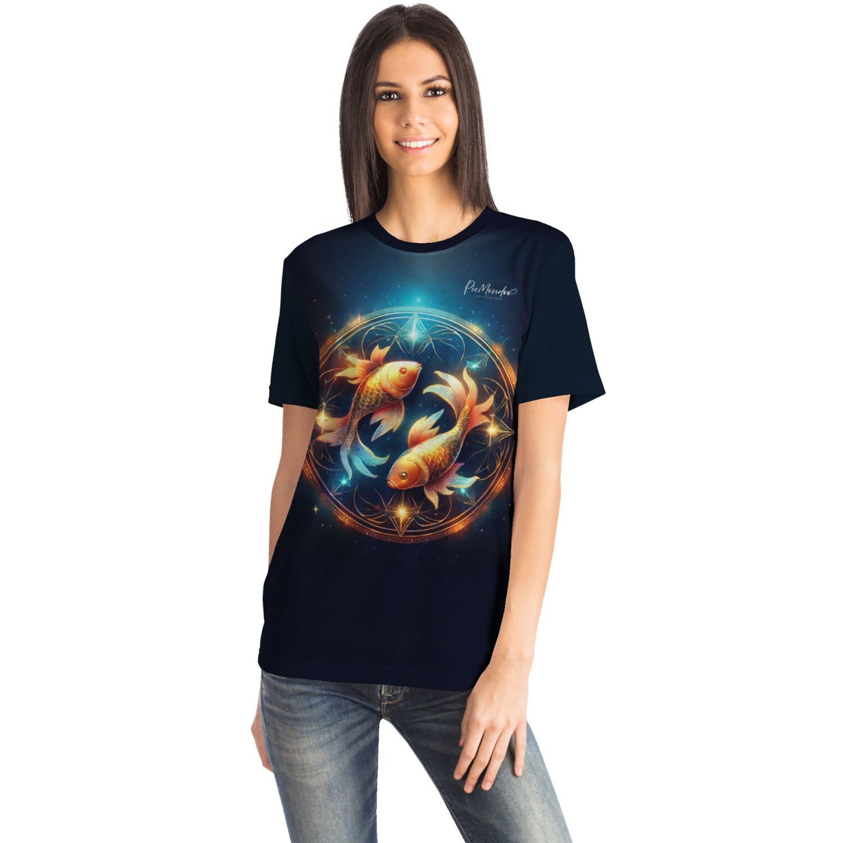 Dunkles T-Shirt mit Sternzeichen Fische Motiv im künstlerischen Diamond Painting Stil für kreative Erwachsene
