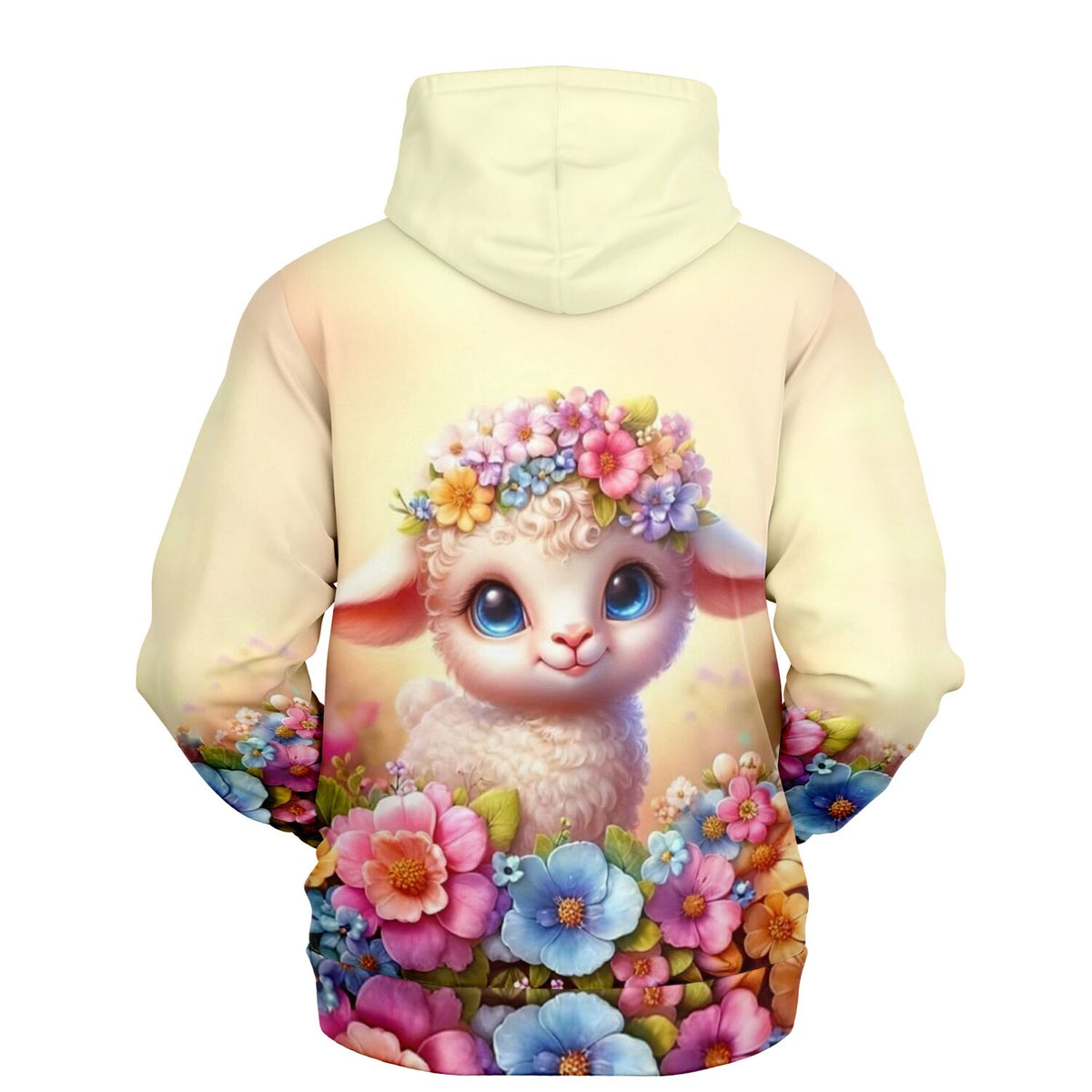 Dreamer Hoodie mit niedlichem Osterlämmchen Motiv, umgeben von bunten Blumen und floralem Design