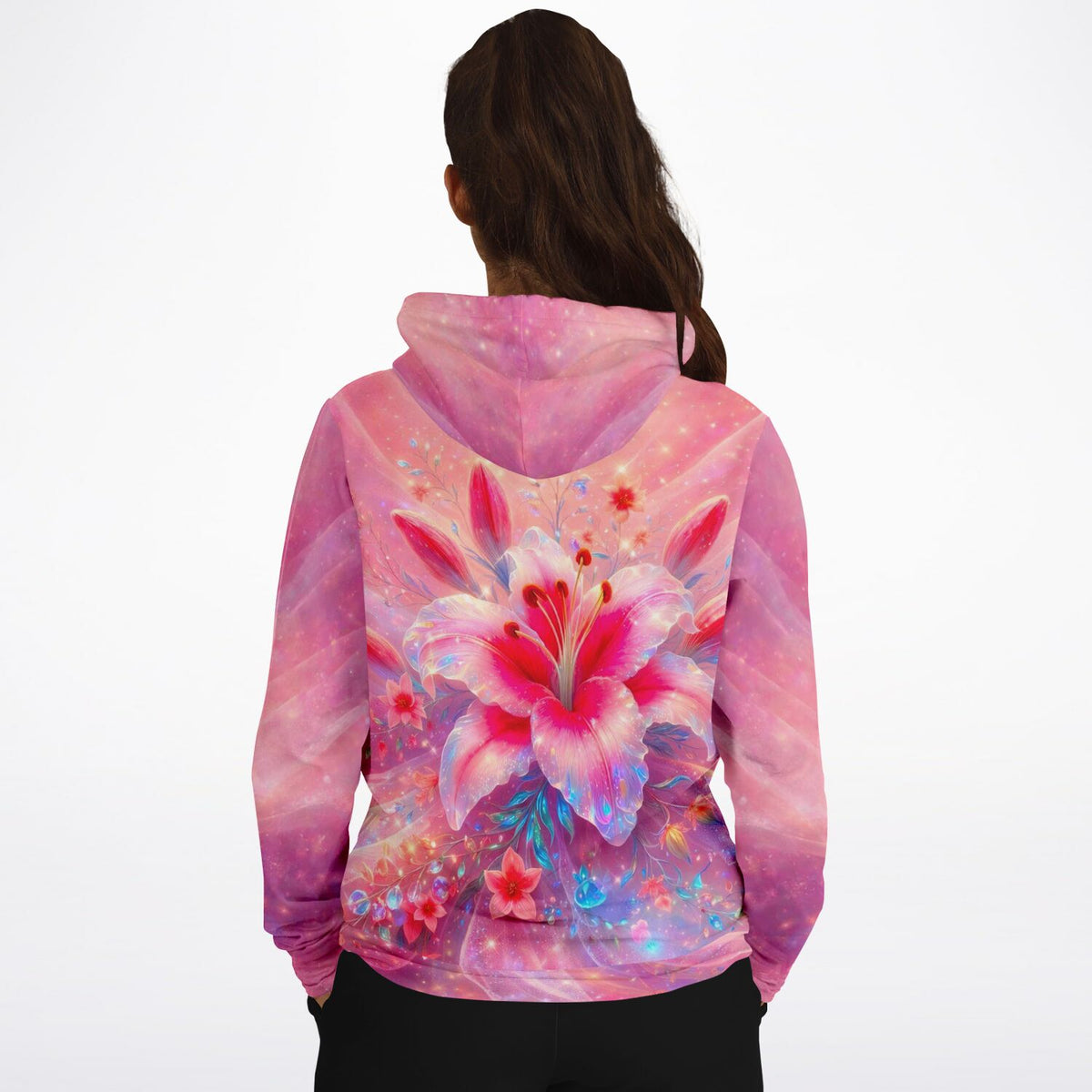 Dreamer Hoodie in Rosé mit zartem Lilien-Motiv, kunstvolles All-over-Print Design für DIY- und Kunstliebhaber
