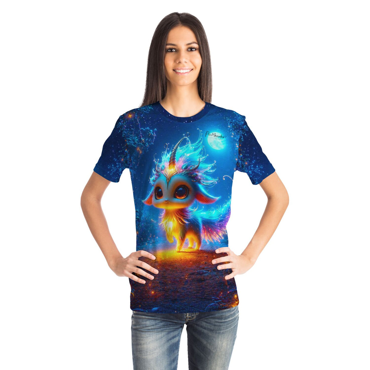 Frau trägt blaues T-Shirt Mondscheintanz mit buntem, leuchtendem Fabelwesen im Stil von Diamond Painting Motiven
