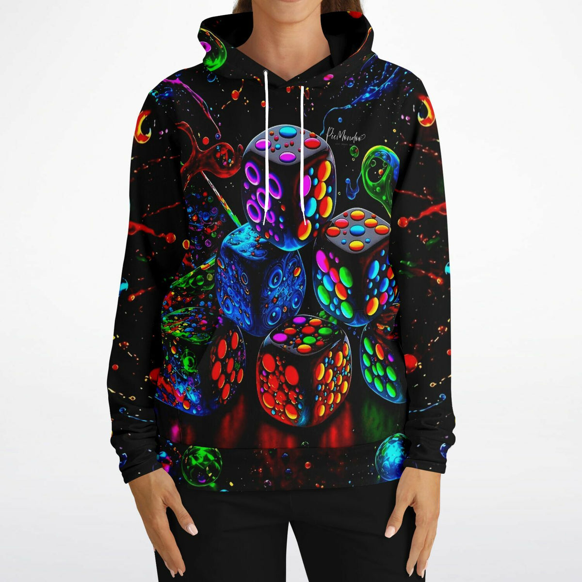 Schwarzer Hoodie mit buntem Diamond Painting Würfel-Motiv und Farbspritzer-Design für Fans kreativer Hobby-Mode