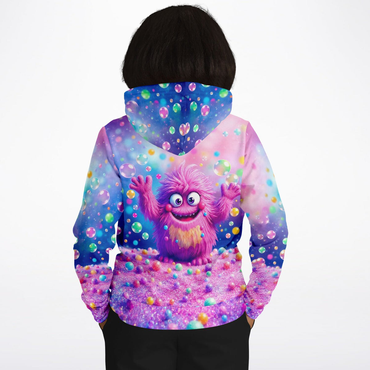 Dreamer Hoodie mit buntem Eckbert-Monster-Motiv, inspiriert von Diamond Painting Farben und glitzernden Seifenblasen