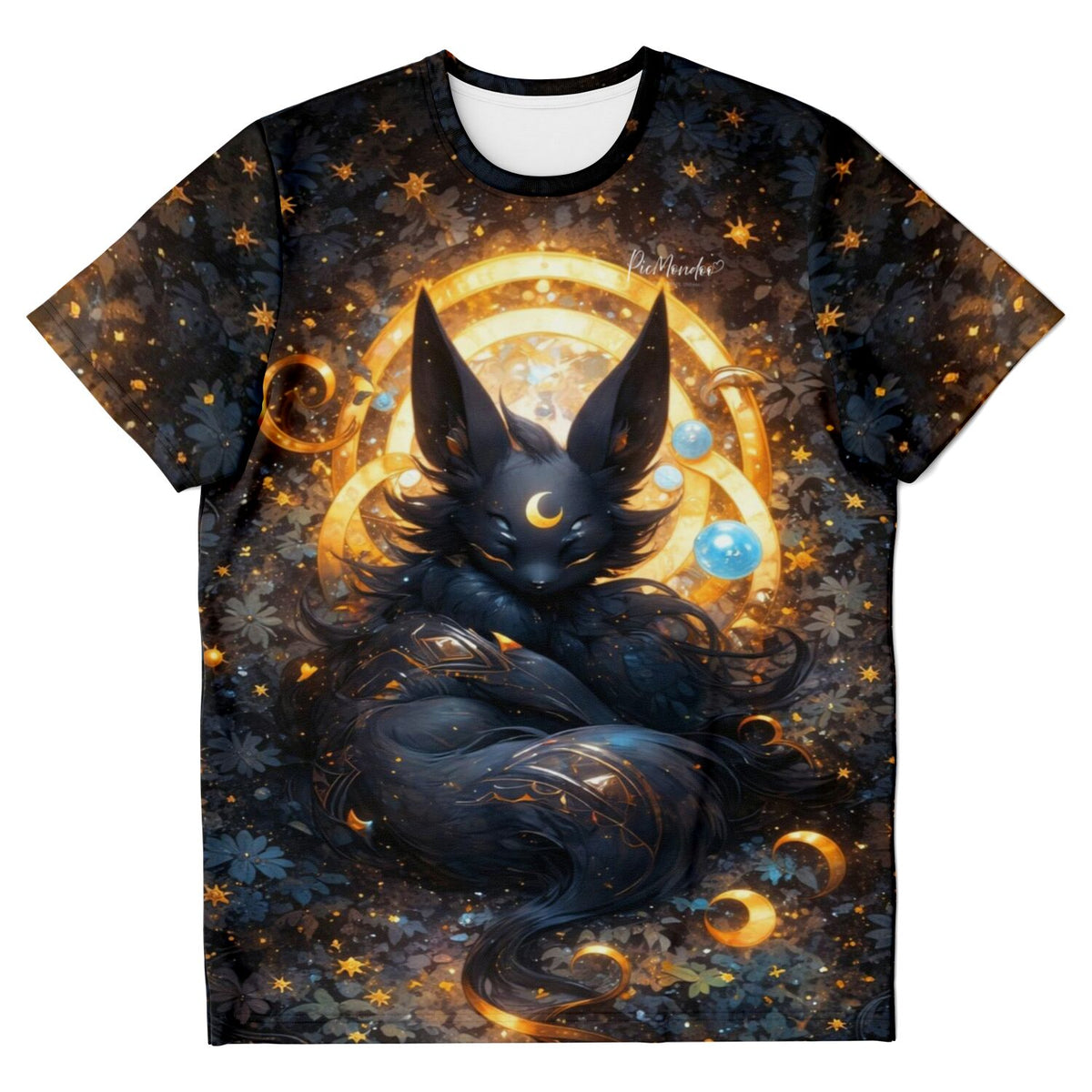 Dreamer T-Shirt mit mystischem schwarzem Fuchswesen vor goldenem Mond-Motiv, inspiriert durch Diamond Painting Kunst