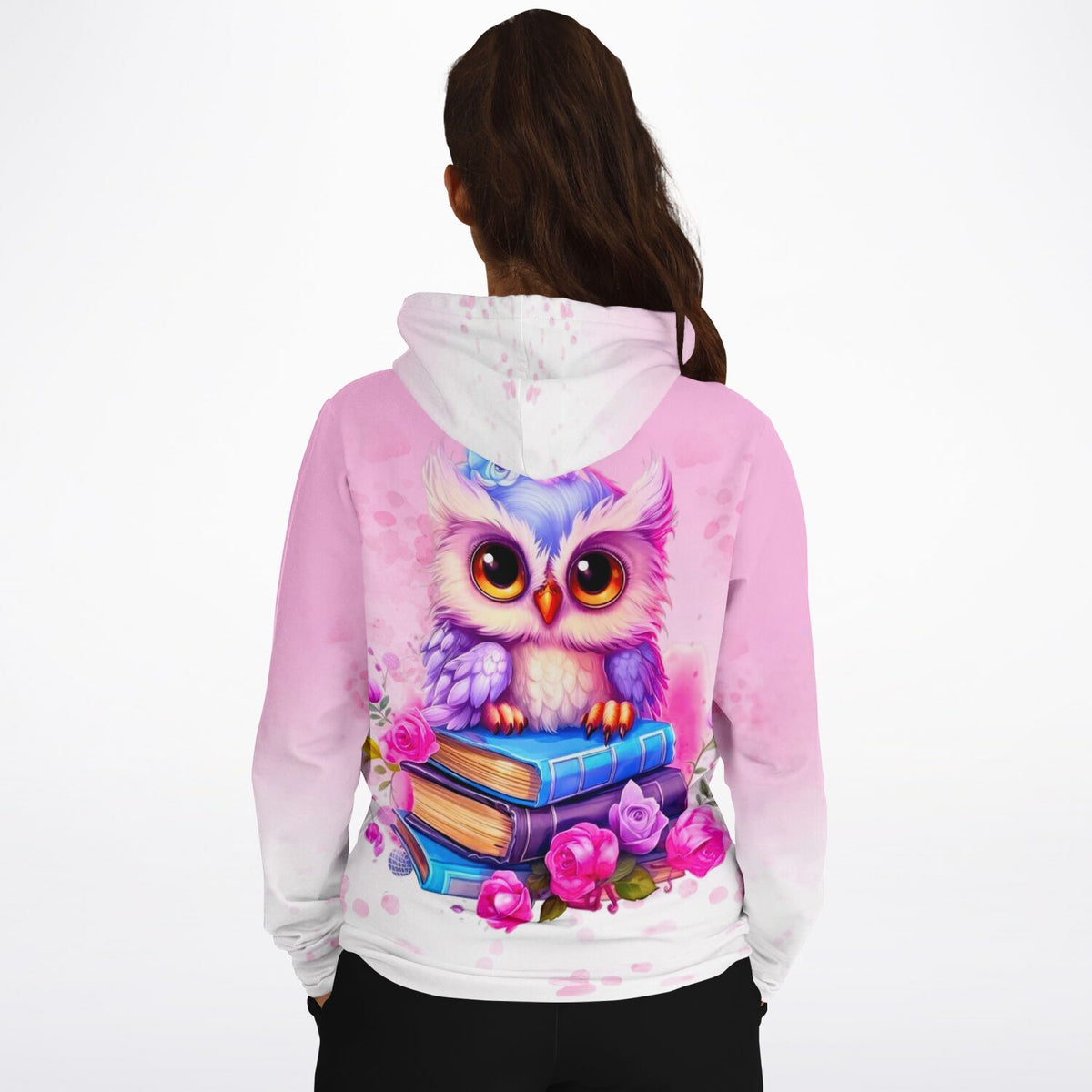 Rosa Dreamer Hoodie mit süßem Eulenmotiv auf Büchern und Rosen, im beliebten Stil wie Diamond Painting Designs