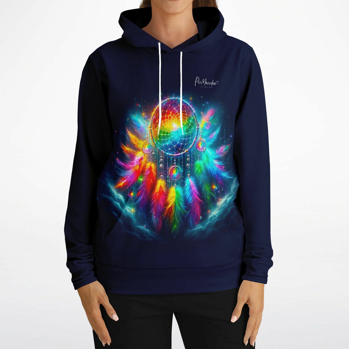 Dunkelblauer Dreamer Hoodie mit buntem Traumfänger-Motiv und leuchtenden Federn im Stil von Diamond Painting Kunst