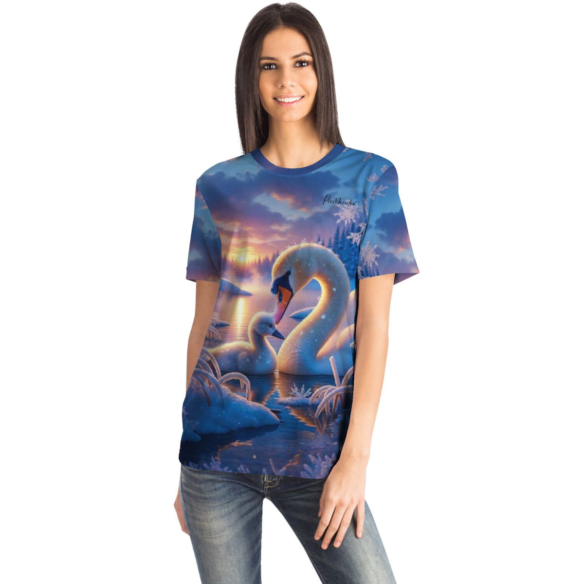 Frau trägt T-Shirt mit Schwan-Motiv im Stil von Diamond Painting und Malen nach Zahlen für kunstbegeisterte Erwachsene