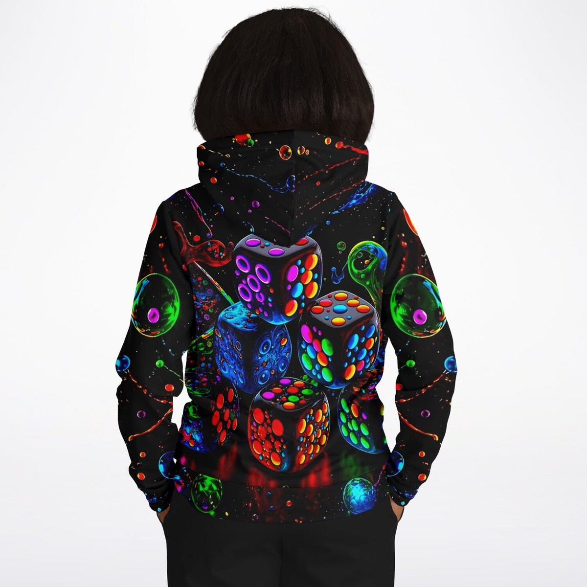 Schwarzer All-Over-Print Hoodie mit buntem Würfel-Design im Stil von Diamond Painting Motiven