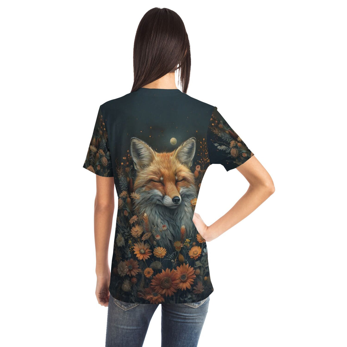 Frau trägt Dreamer T-Shirt mit Foxy Dreams Fuchs Motiv, inspiriert durch Malen nach Zahlen und Diamond Painting Designs