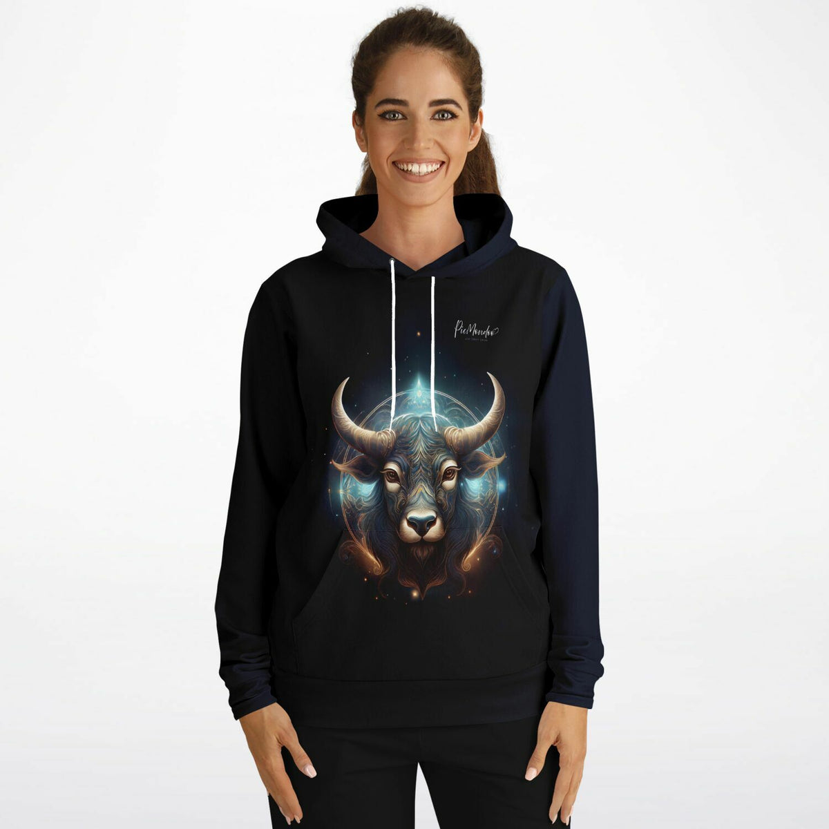Schwarzer Hoodie mit leuchtendem Sternzeichen Stier Motiv – Limited Edition Design für Diamond Painting Fans von Picmondoo