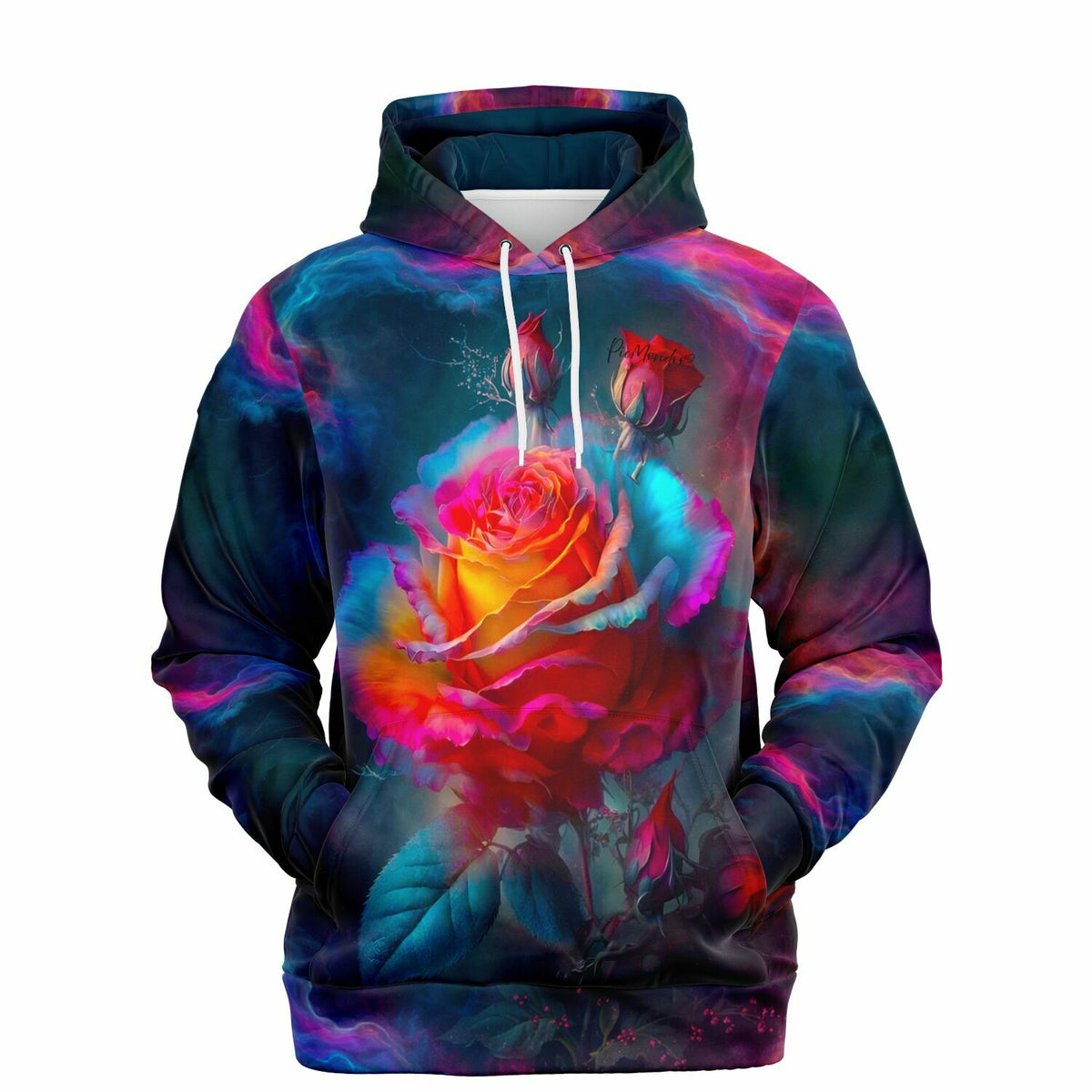 Dreamer Hoodie mit farbenprächtigem Rosenblüten-Motiv im galaktischen Design in leuchtenden Regenbogenfarben