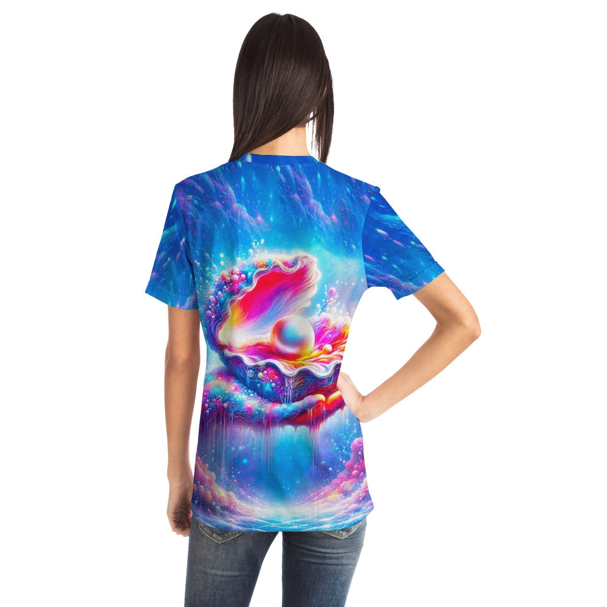 T-Shirt mit Zauber des Meeres Motiv, detailreiche Muschel mit Perle im Stil von Diamond Painting und Malen nach Zahlen