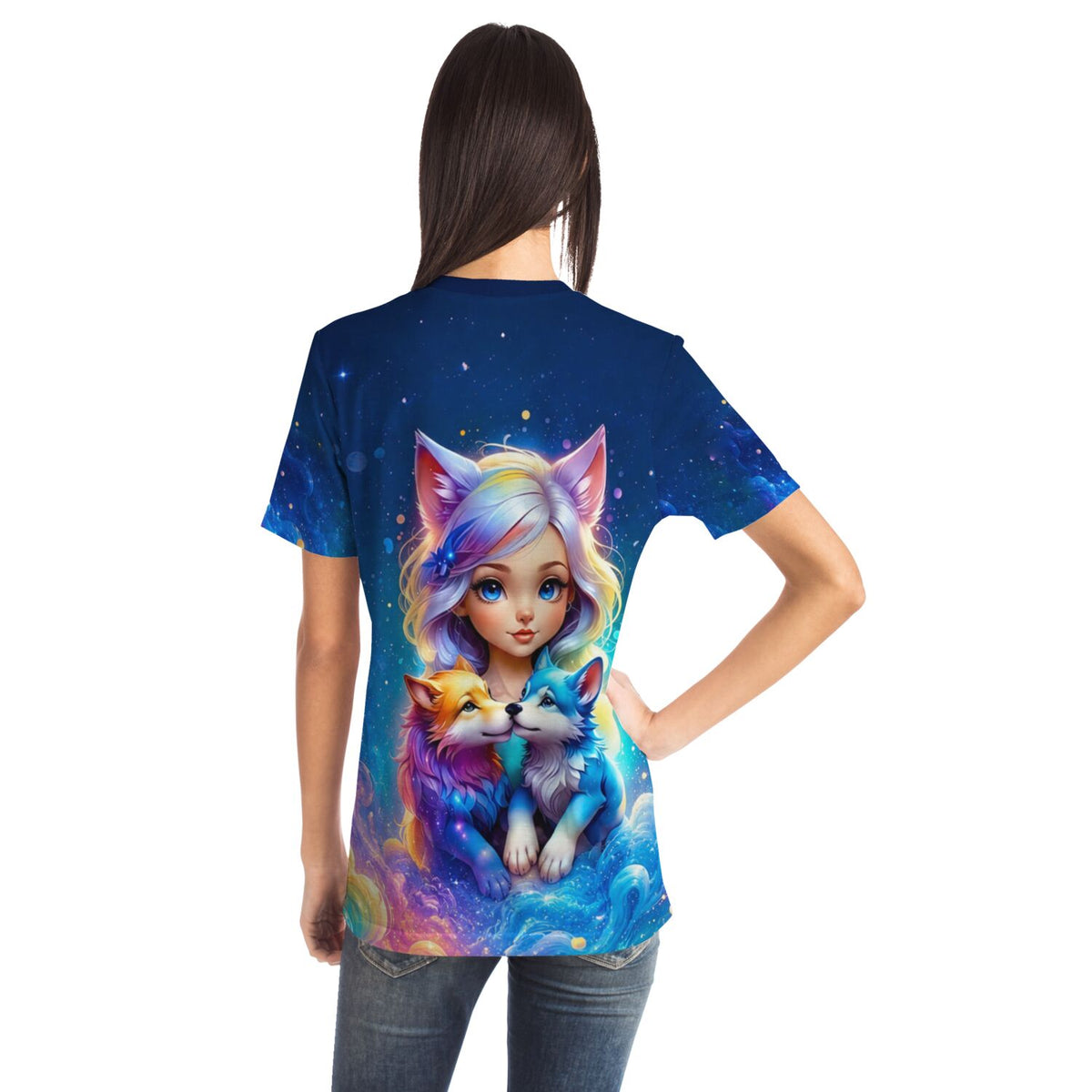 T-Shirt mit buntem Wolfsmädchen Finja Motiv im Fantasy-Stil für Fans von Diamond Painting und Malen nach Zahlen