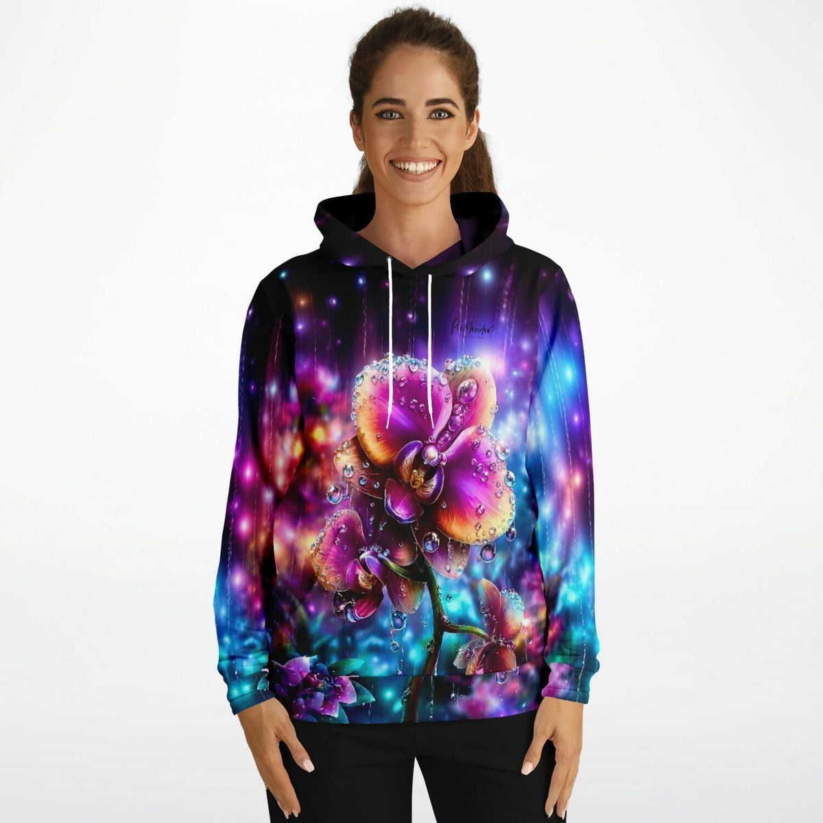 Frau trägt Dreamer Hoodie Regenkuss mit farbenfrohem Orchideen-Motiv im Stil von Diamond Painting und Malen nach Zahlen