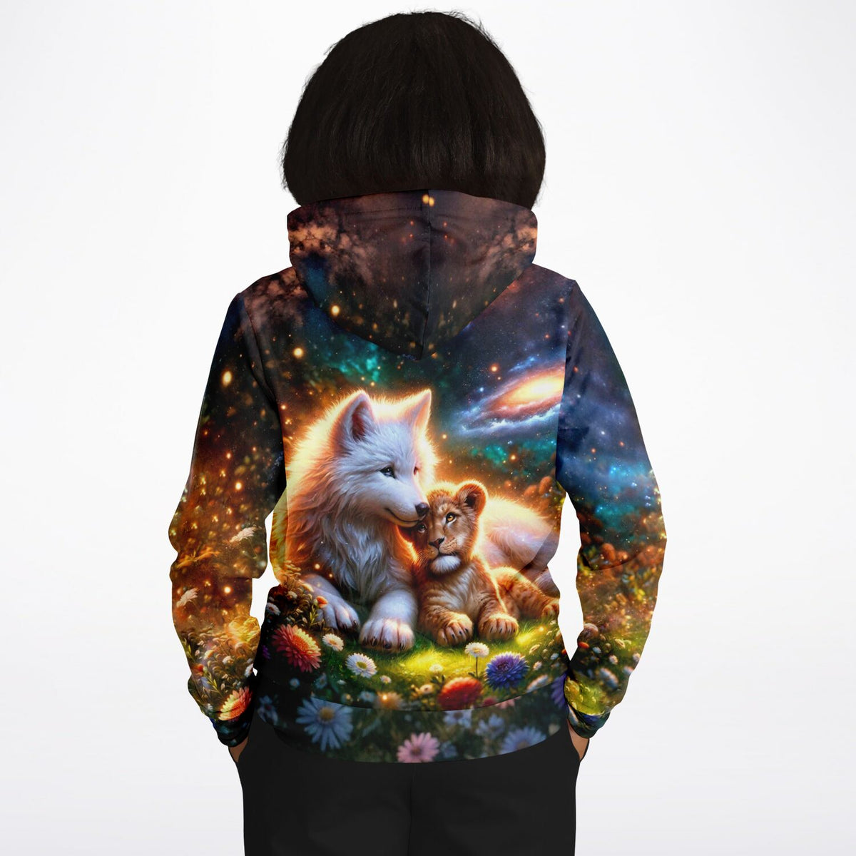 Dreamer Hoodie mit Wolf und Löwenjungen im Weltraum-Design: Ideal für Fans von Diamond Painting und Kunstmotiven.