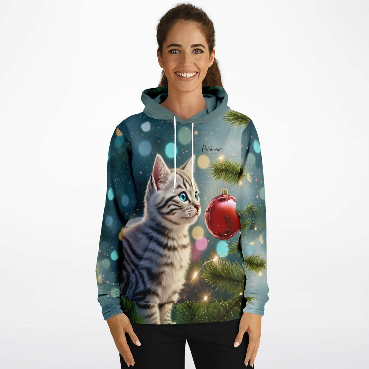 Dreamer Hoodie Minka mit niedlichem Kätzchen, Weihnachtsbaum und Kugeln im beliebten Diamond Painting Motiv Stil