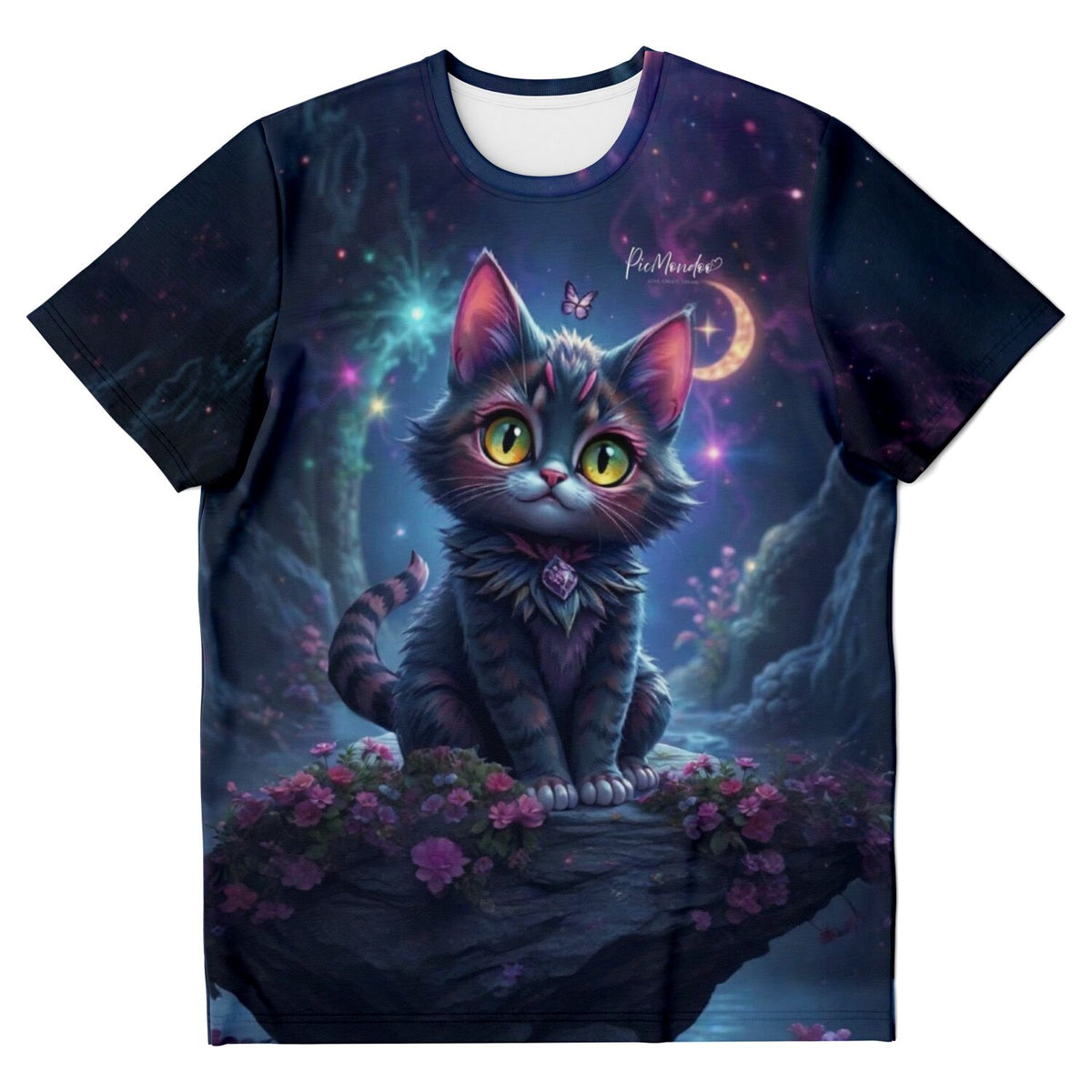 T-Shirt mit magischem Katzen-Motiv in nächtlicher Waldszenerie, passend zum Stil beliebter Diamond Painting Sets.