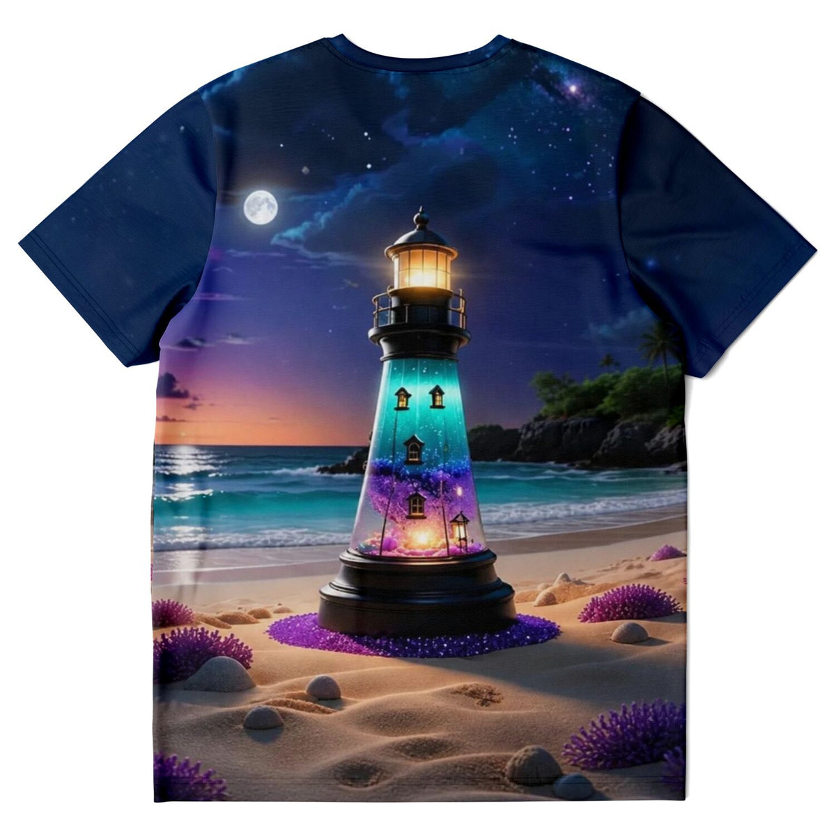 Dreamer T-Shirt mit Leuchtturm-Motiv am Strand, das an Designs für Diamond Painting oder Malen nach Zahlen erinnert.