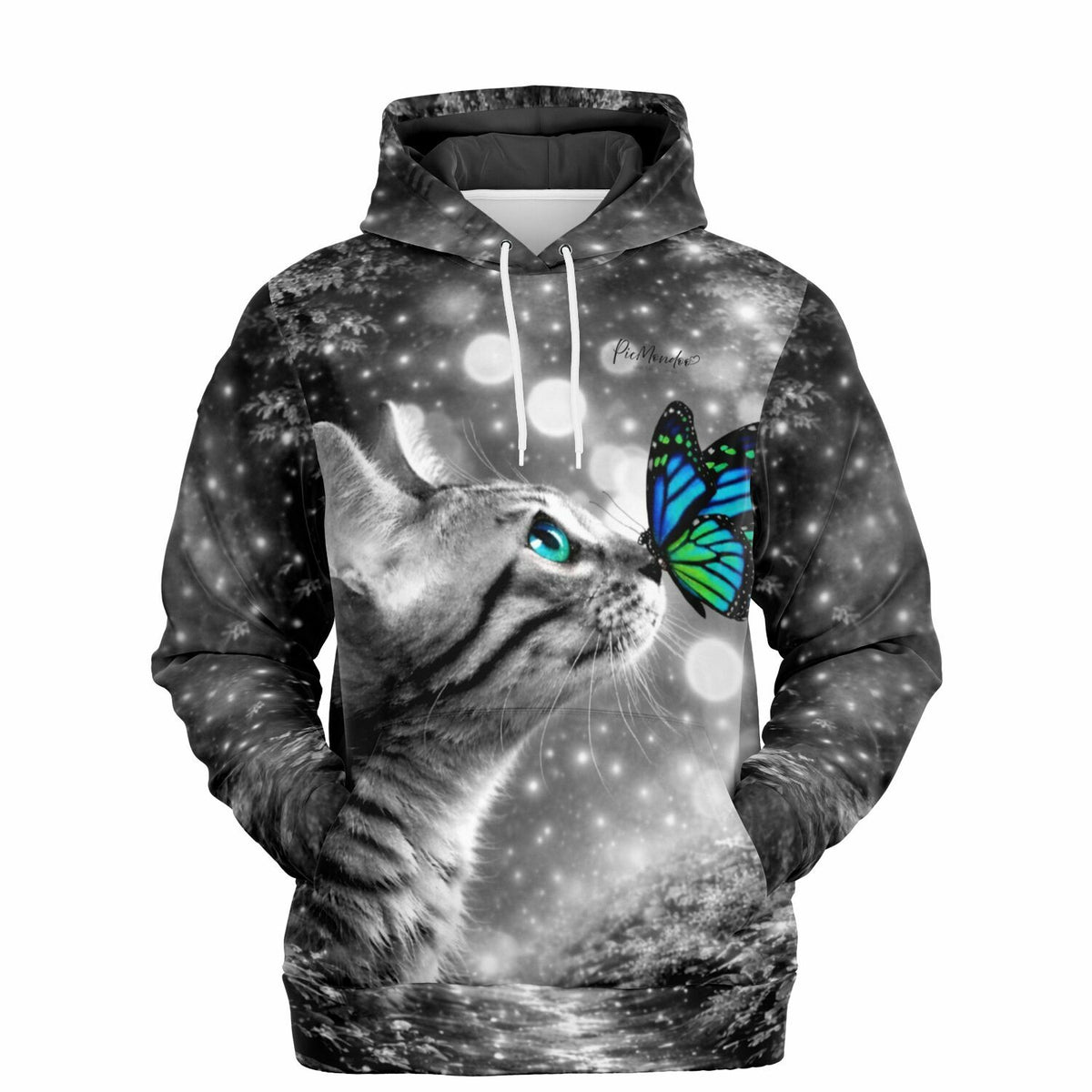 Dreamer Hoodie im schwarz-weiß Design mit einer Katze und blauem Schmetterling, passend zum Diamond Painting Motiv.