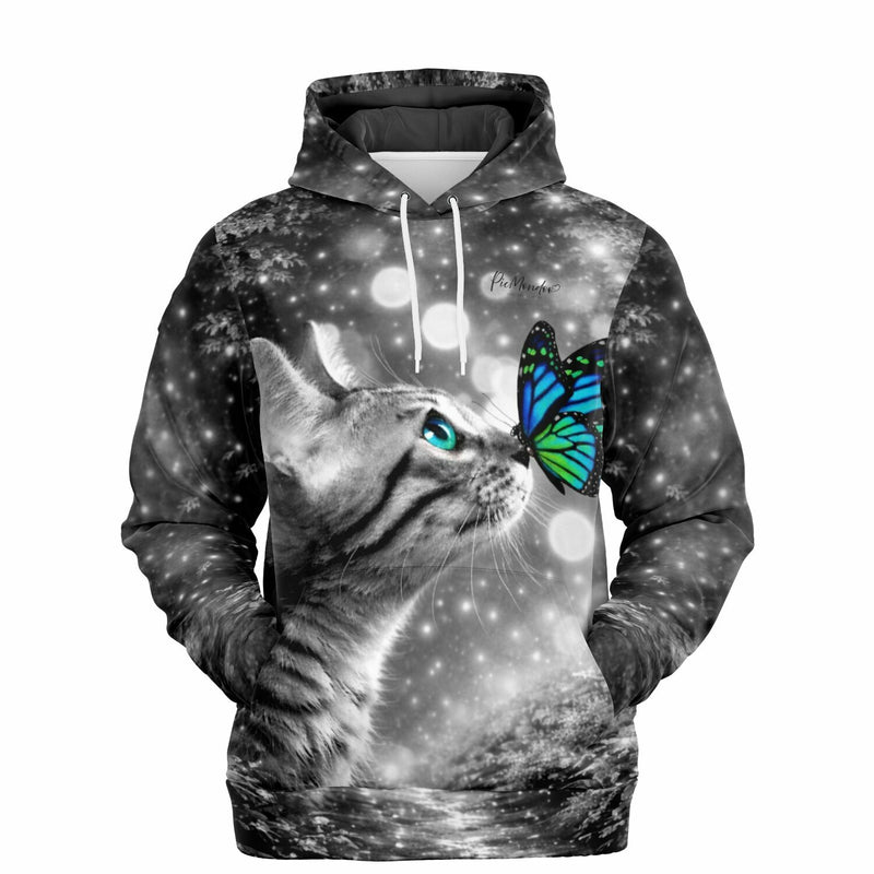 Dreamer Hoodie im schwarz-weiß Design mit einer Katze und blauem Schmetterling, passend zum Diamond Painting Motiv.