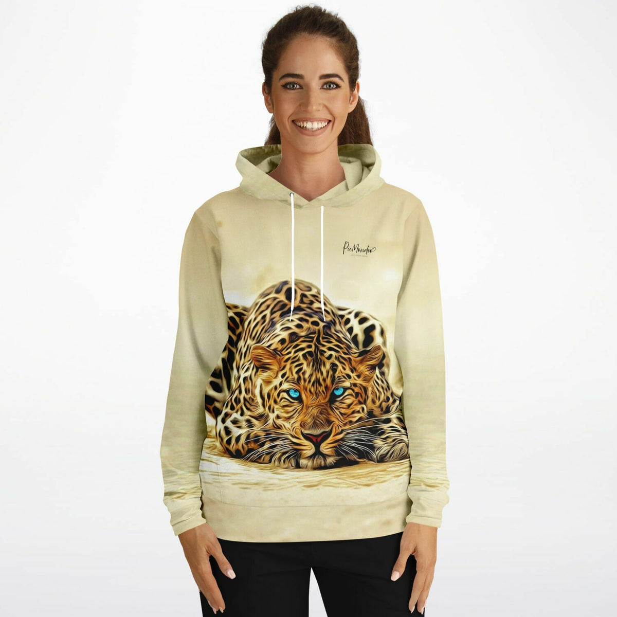 Damen Hoodie mit Leoparden Motiv und leuchtend blauen Augen im Diamond Painting Stil für DIY-Fans