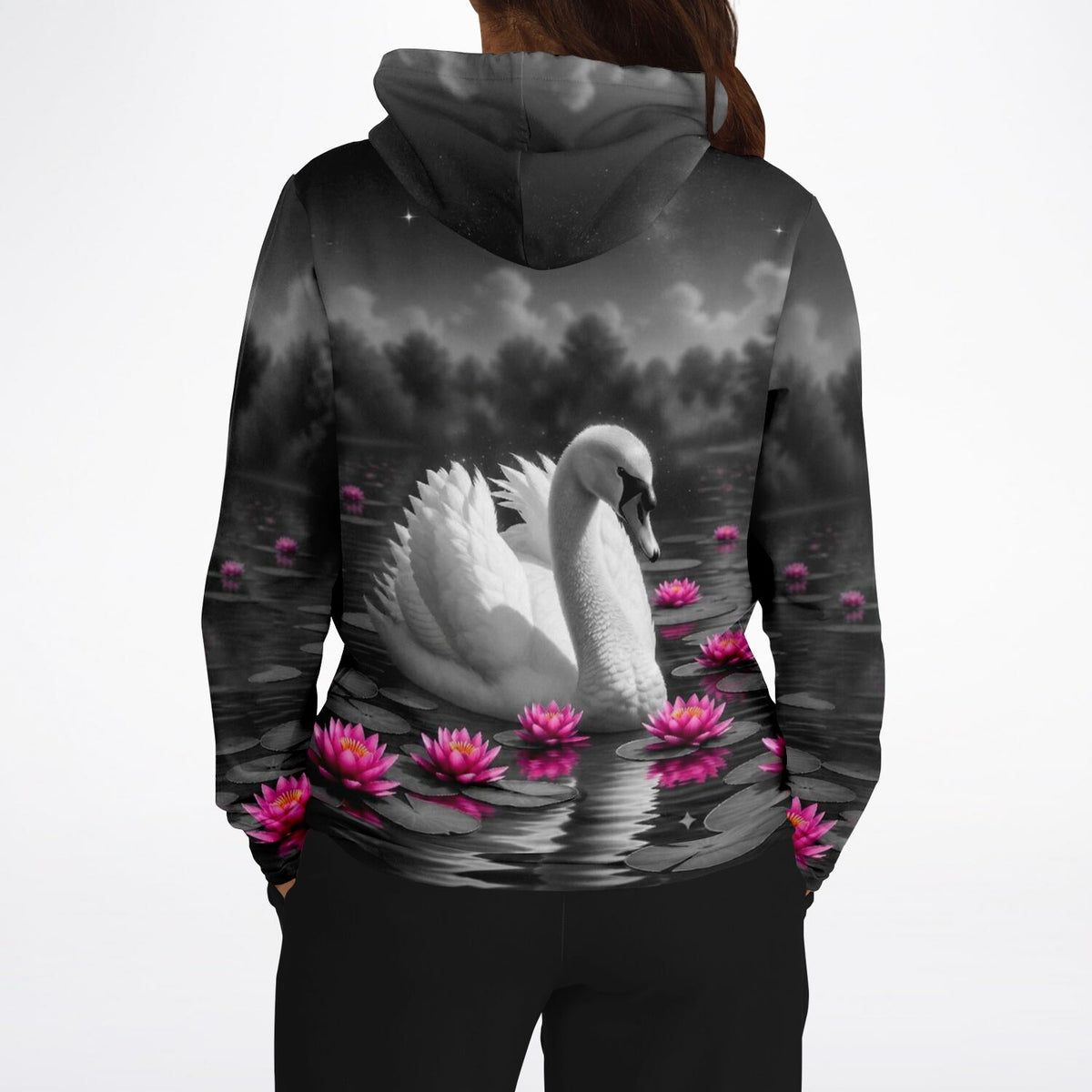 Dreamer Hoodie mit Schwan im Seerosensee Motiv in Schwarz-Weiß mit pinken Akzenten im Stil bekannter Diamond Painting Sets