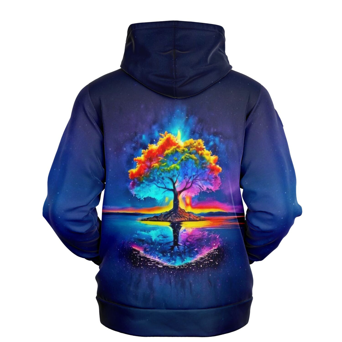 Dreamer Hoodie mit farbenfrohem Rainbow-Tree-Motiv im Stil von Diamond Painting Kunst auf dunkelblauem Hintergrund