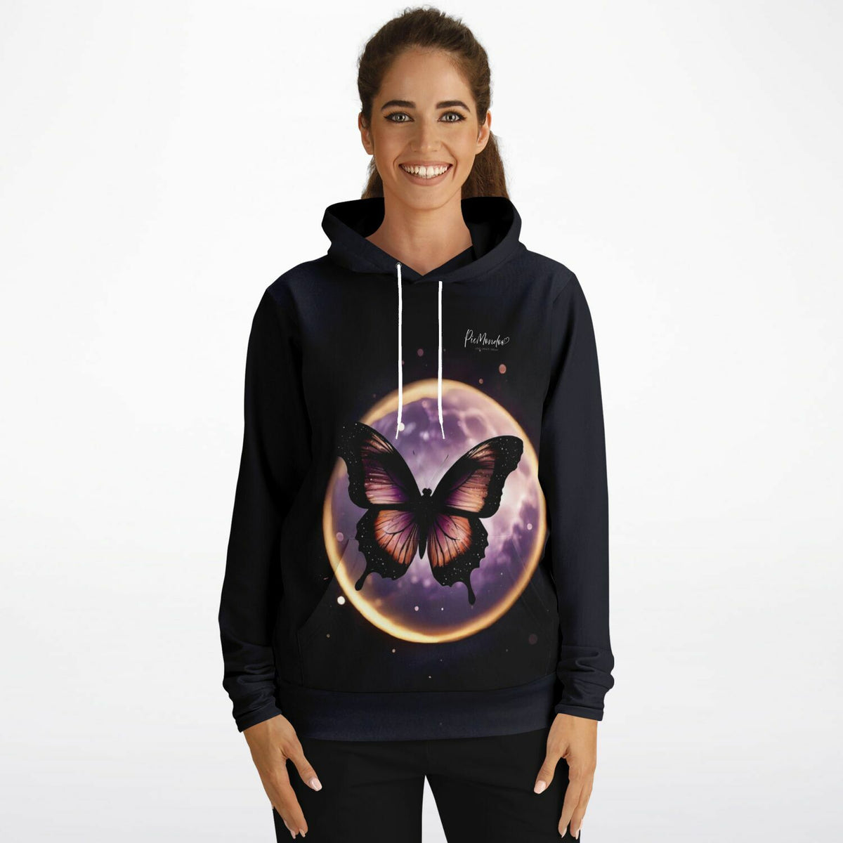 Schwarzer Picmondoo Hoodie mit lila Schmetterling und Mond-Motiv im Stil unserer Diamond Painting und Malen nach Zahlen Sets