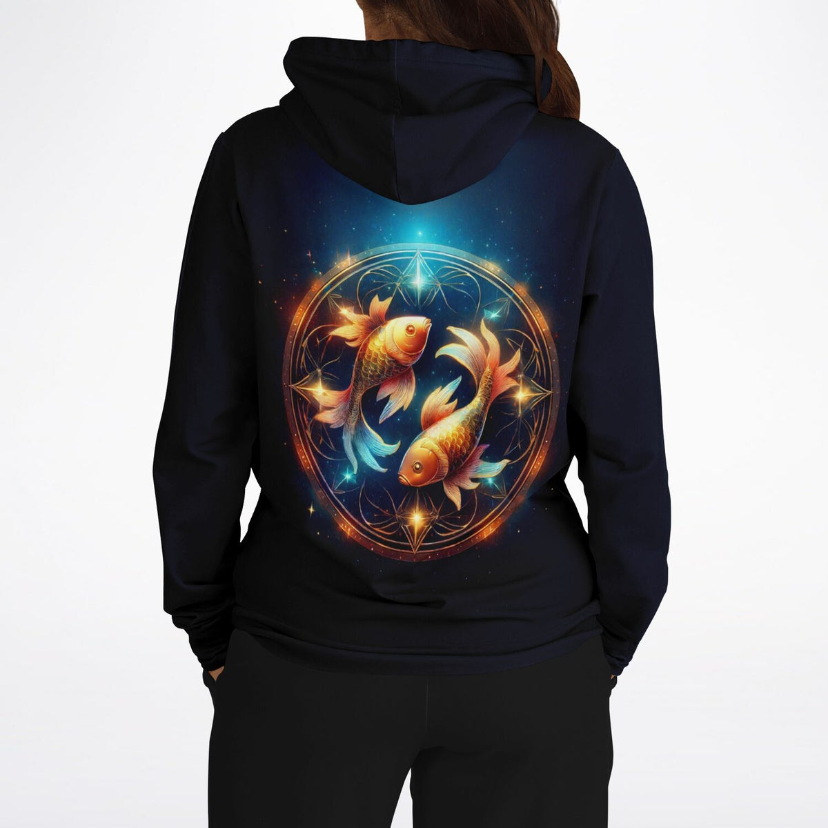 Schwarzer Hoodie mit leuchtendem Sternzeichen Fisch Motiv im Stil von Diamond Painting Kunst für kreative Modefans