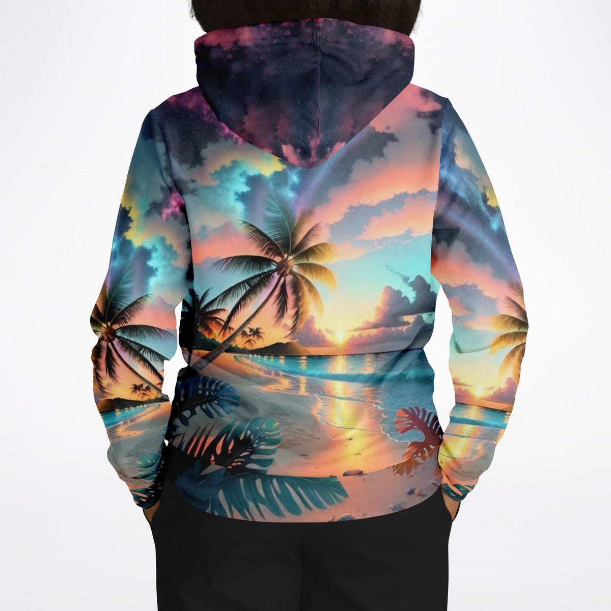 Dreamer Hoodie mit farbenfrohem Palmen-Motiv und Sonnenuntergang im Stil von Diamond Painting Kunstdesigns
