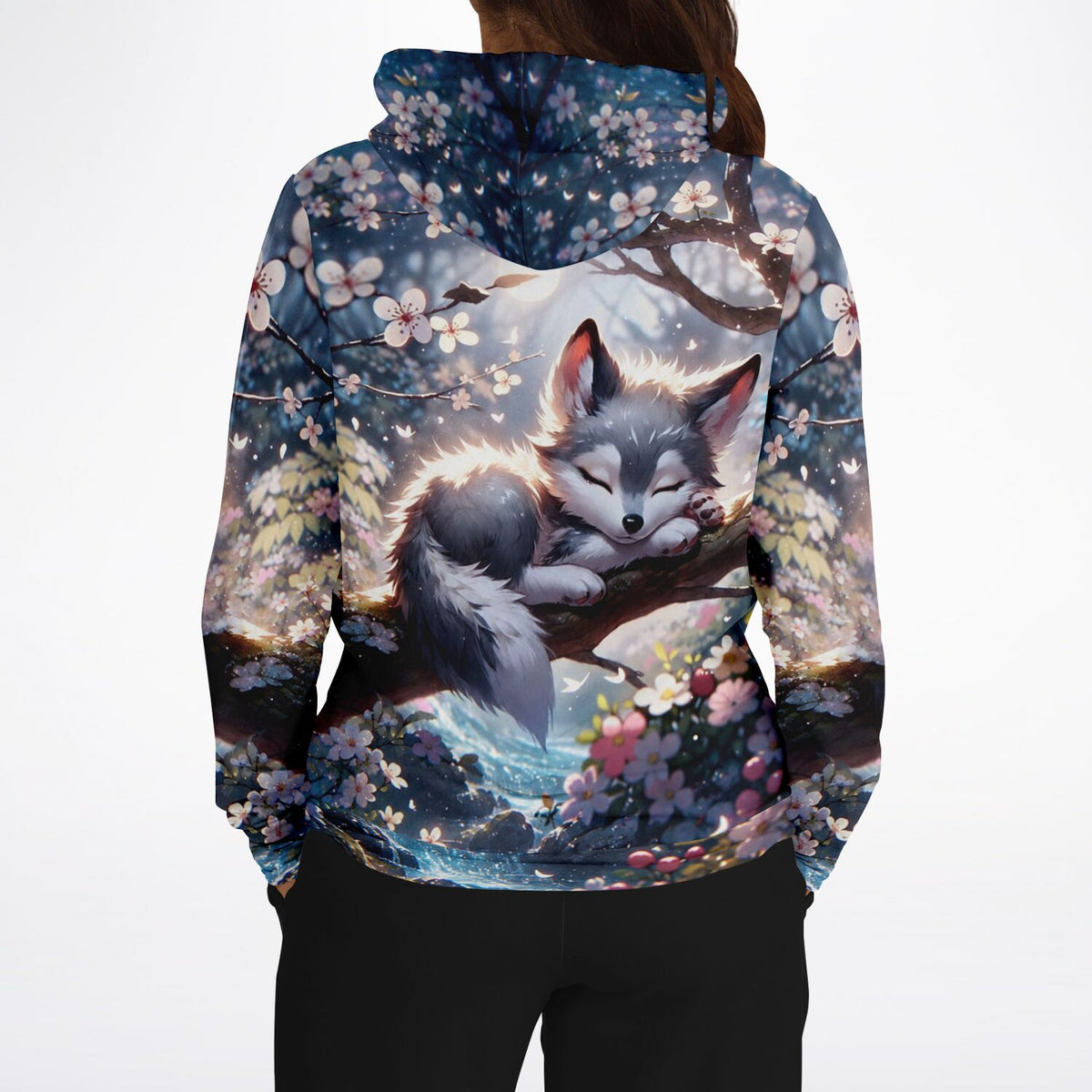 Dreamer Hoodie mit Yuki Fuchs Motiv, inspiriert von Malen nach Zahlen Designs, mit Kirschblüten und schlafendem Tier