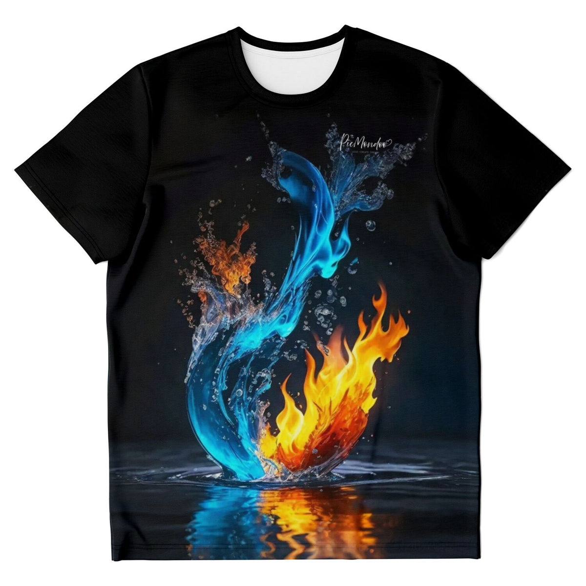 Schwarzes Dreamer T-Shirt mit künstlerischem Motiv aus lodernden Flammen und spritzendem Wasser in leuchtenden Farben.