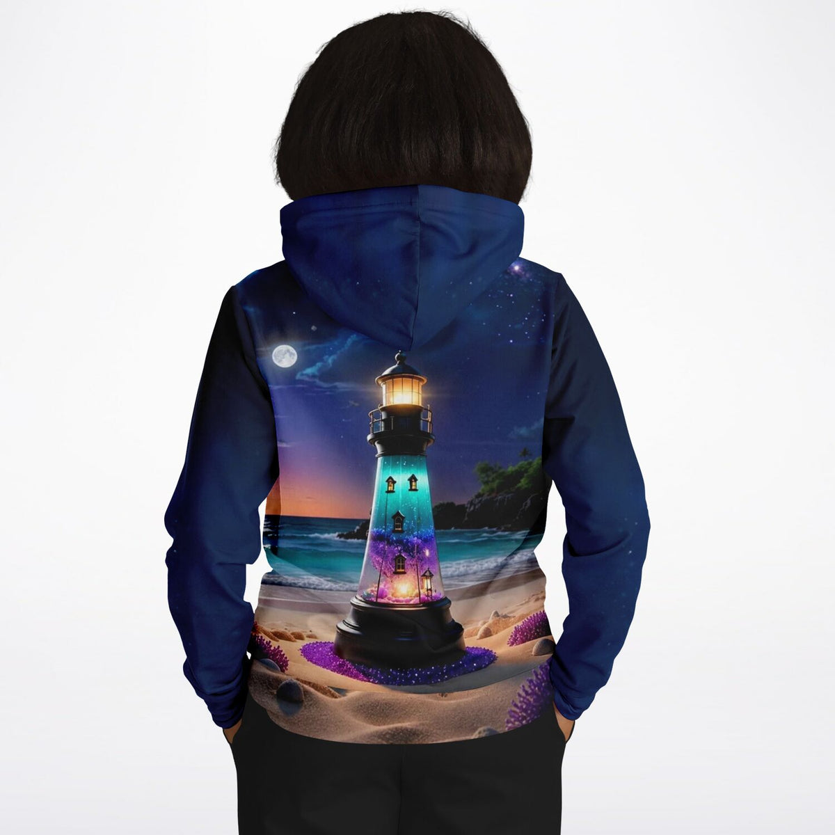 Dreamer Hoodie mit Leuchtturm-Motiv wie beim Diamond Painting, nächtliche Strandlandschaft mit Vollmond und Leuchtfeuer