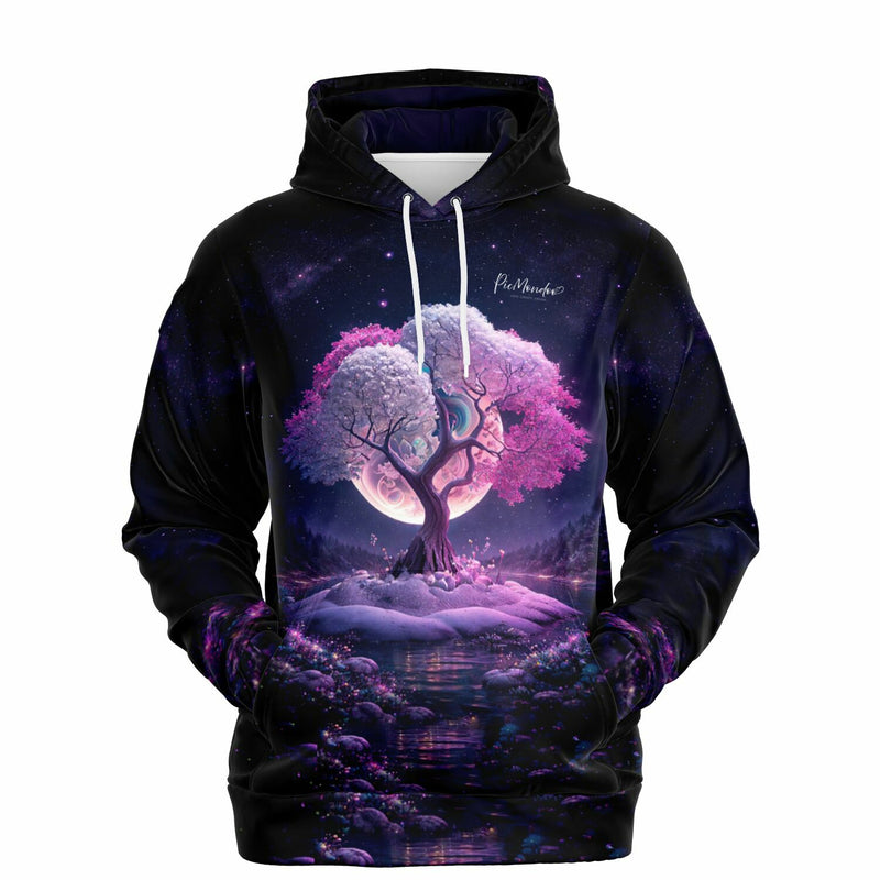 Dreamer Hoodie mit pinkem Baum im Mondschein, Design inspiriert durch Diamond Painting und Malen nach Zahlen Kunst.