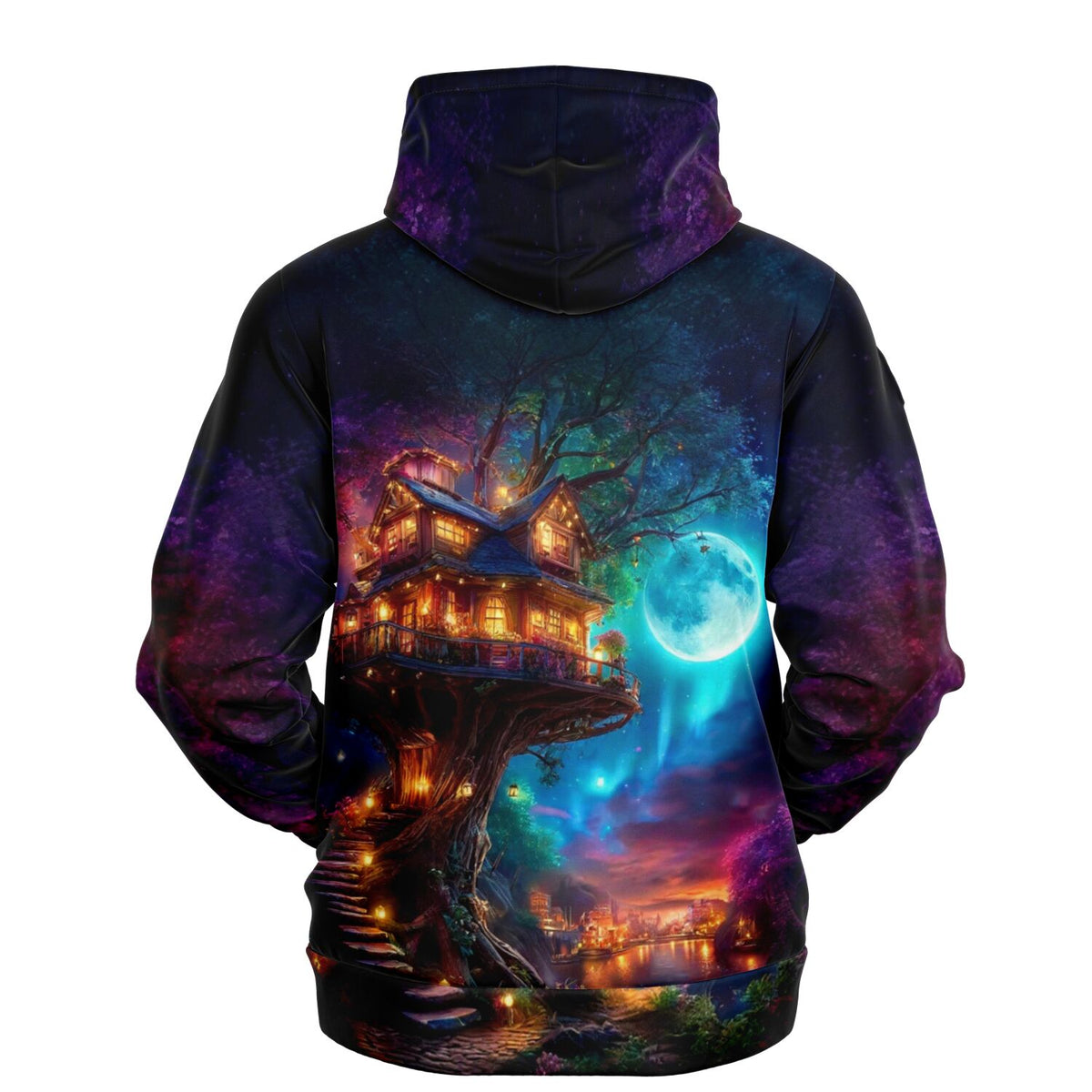 Dreamer Hoodie Sternhafen der Wanderer mit magischem Baumhaus im Vollmondlicht, farbenfroher AOP-Print für DIY-Fans