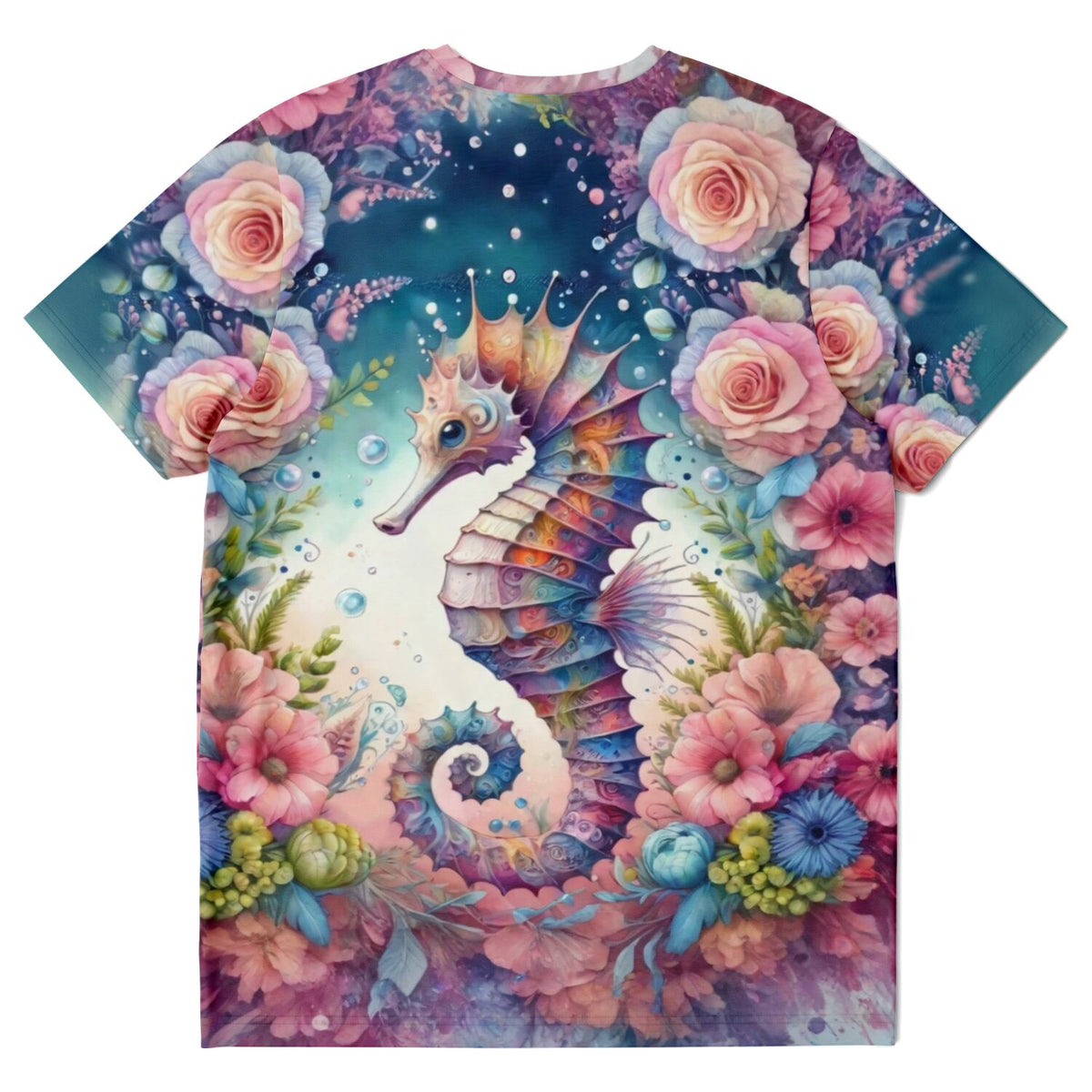 T-Shirt mit buntem Seepferdchen-Motiv, kunstvoll umgeben von Blumen, ideal als Design für Diamond Painting Fans.