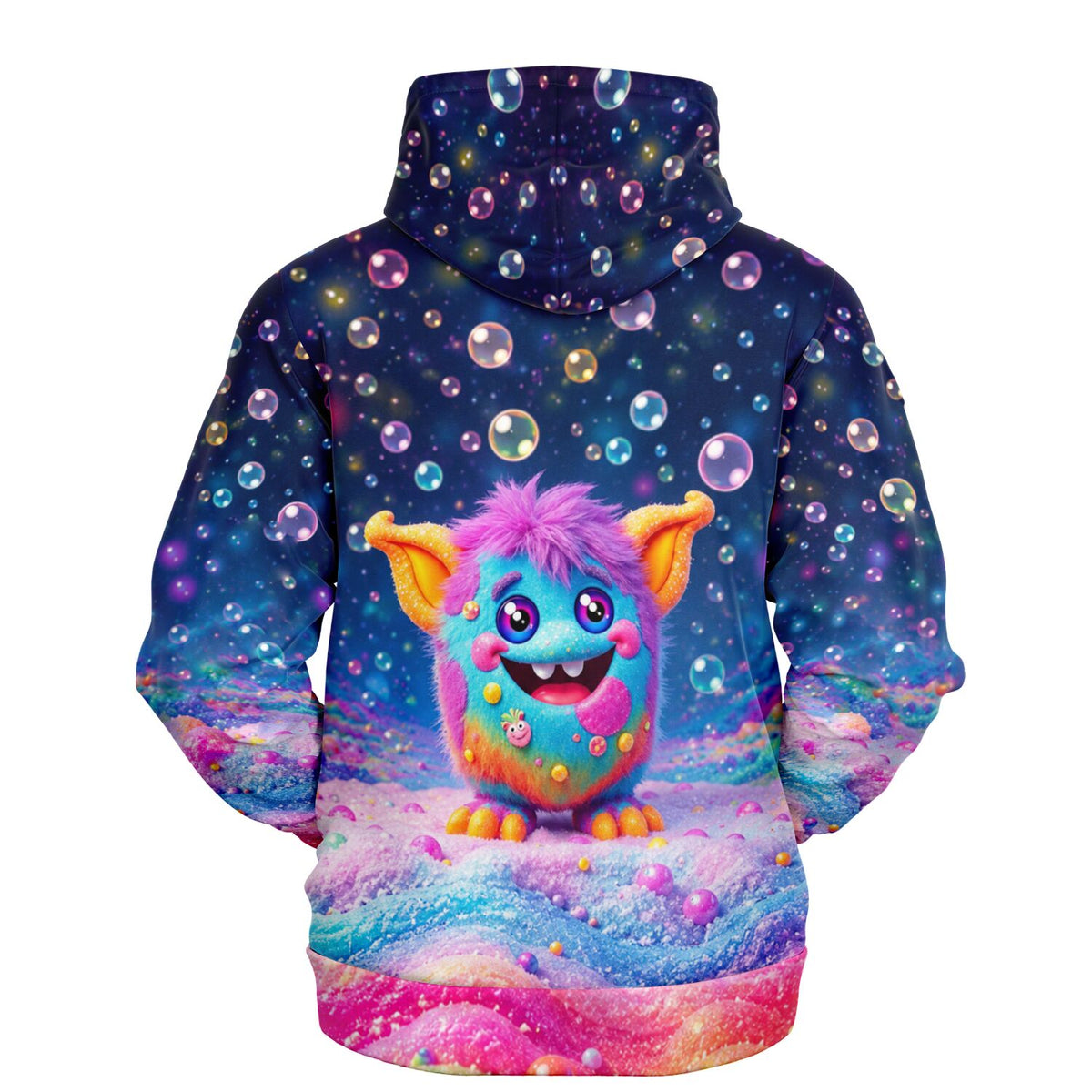 Dreamer Hoodie mit buntem Grinsebacke-Monster, umgeben von Seifenblasen im Stil eines Diamond Painting Designs.