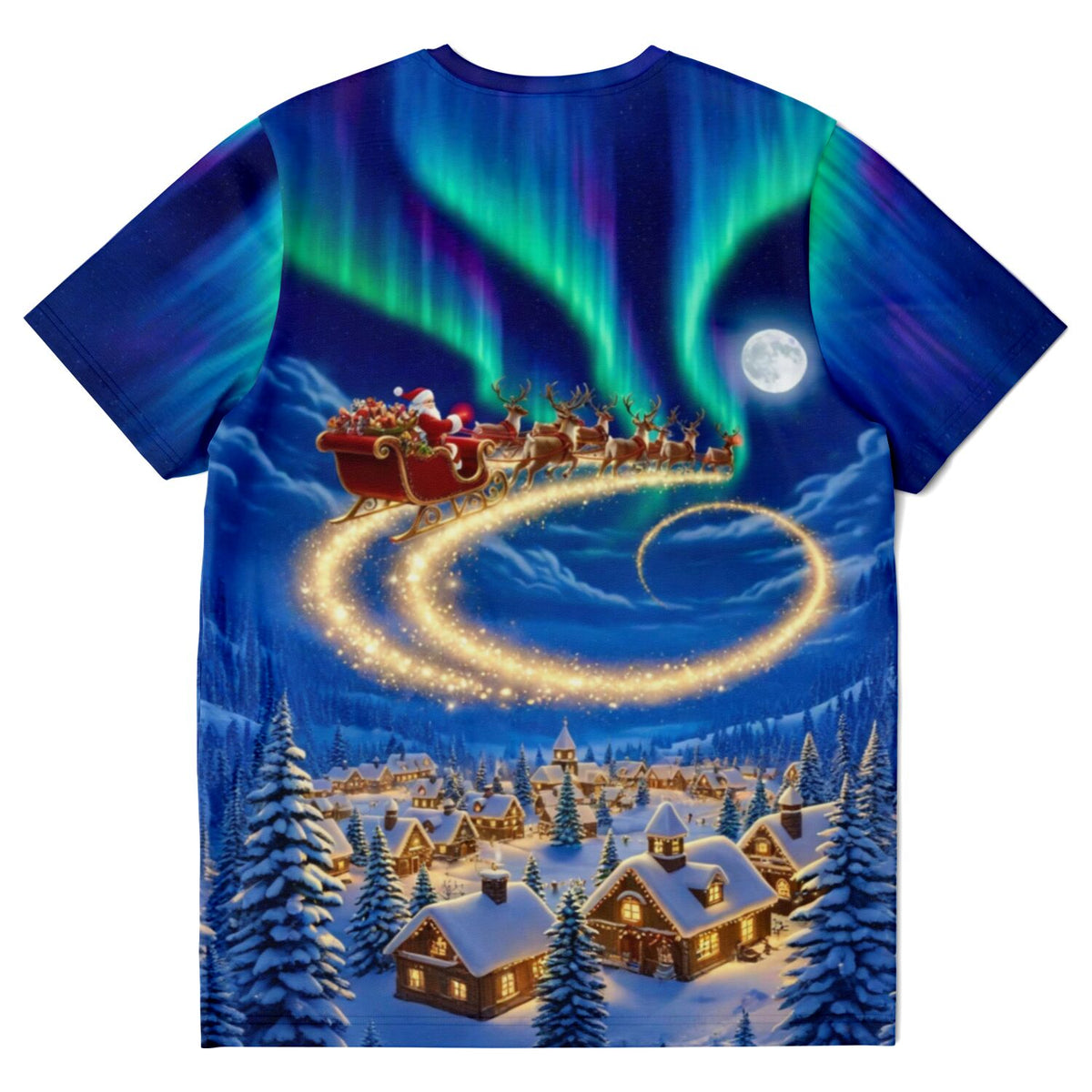 Weihnachts-T-Shirt mit Weihnachtsmann im Schlitten, Nordlichtern und verschneitem Dorf – ideales Motiv für Diamond Painting